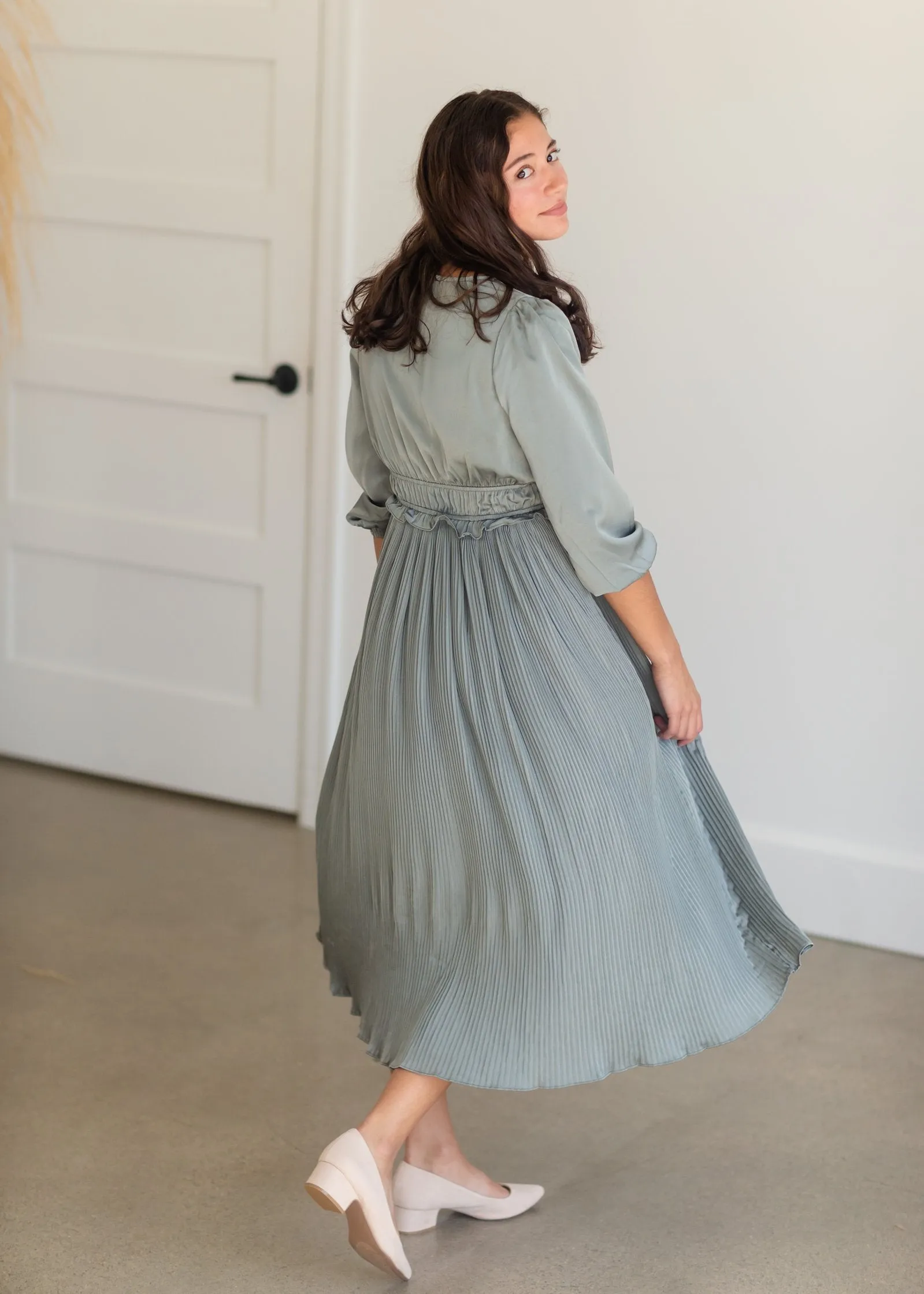 Sage Satin Pleated 3/4 Sleeve Midi Dress - FINAL SALE