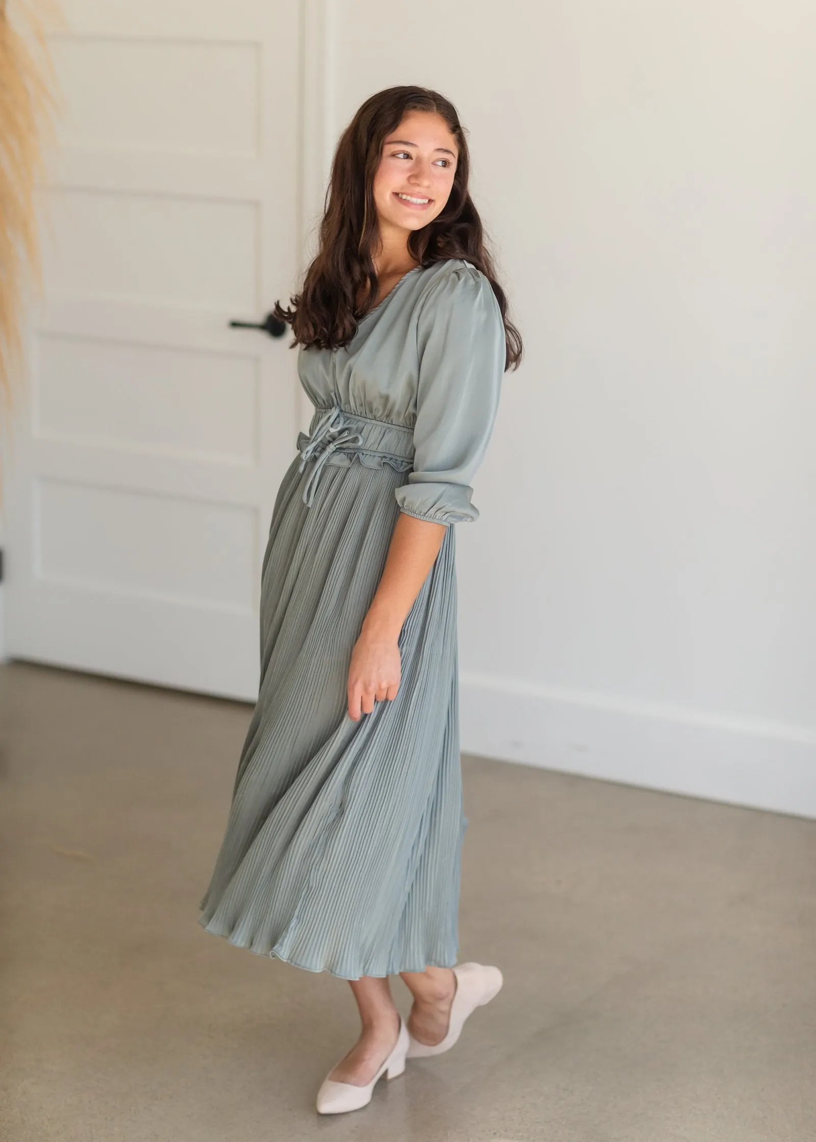 Sage Satin Pleated 3/4 Sleeve Midi Dress - FINAL SALE