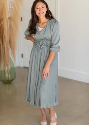 Sage Satin Pleated 3/4 Sleeve Midi Dress - FINAL SALE