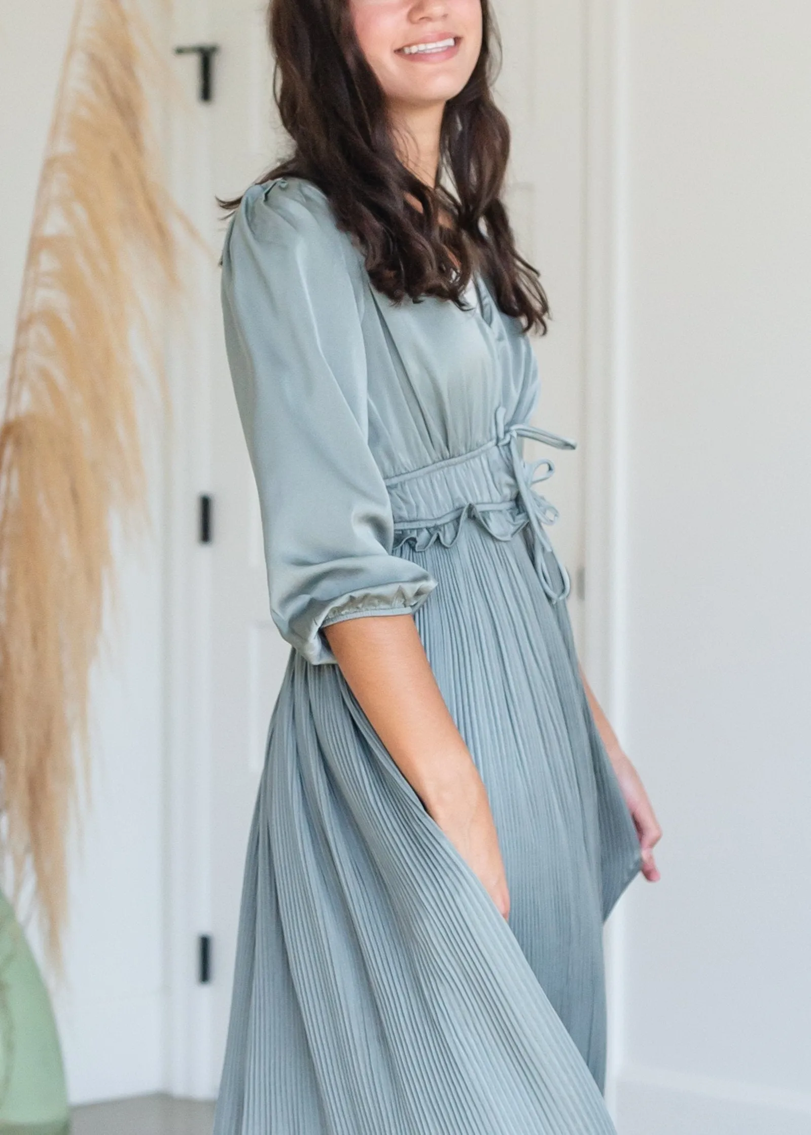 Sage Satin Pleated 3/4 Sleeve Midi Dress - FINAL SALE