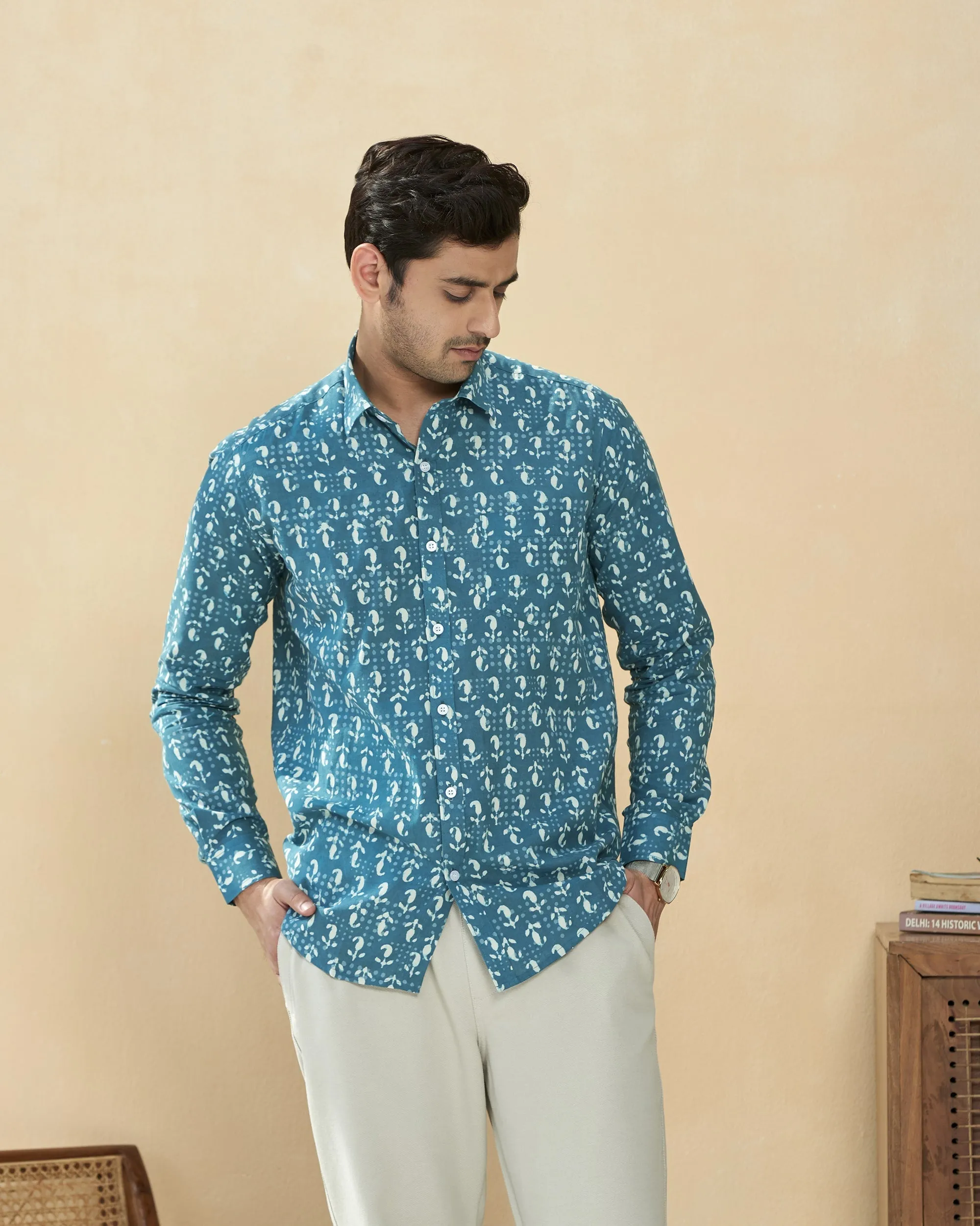 Sea Blue Full Sleeve Cotton Hand Block Printed Shirt