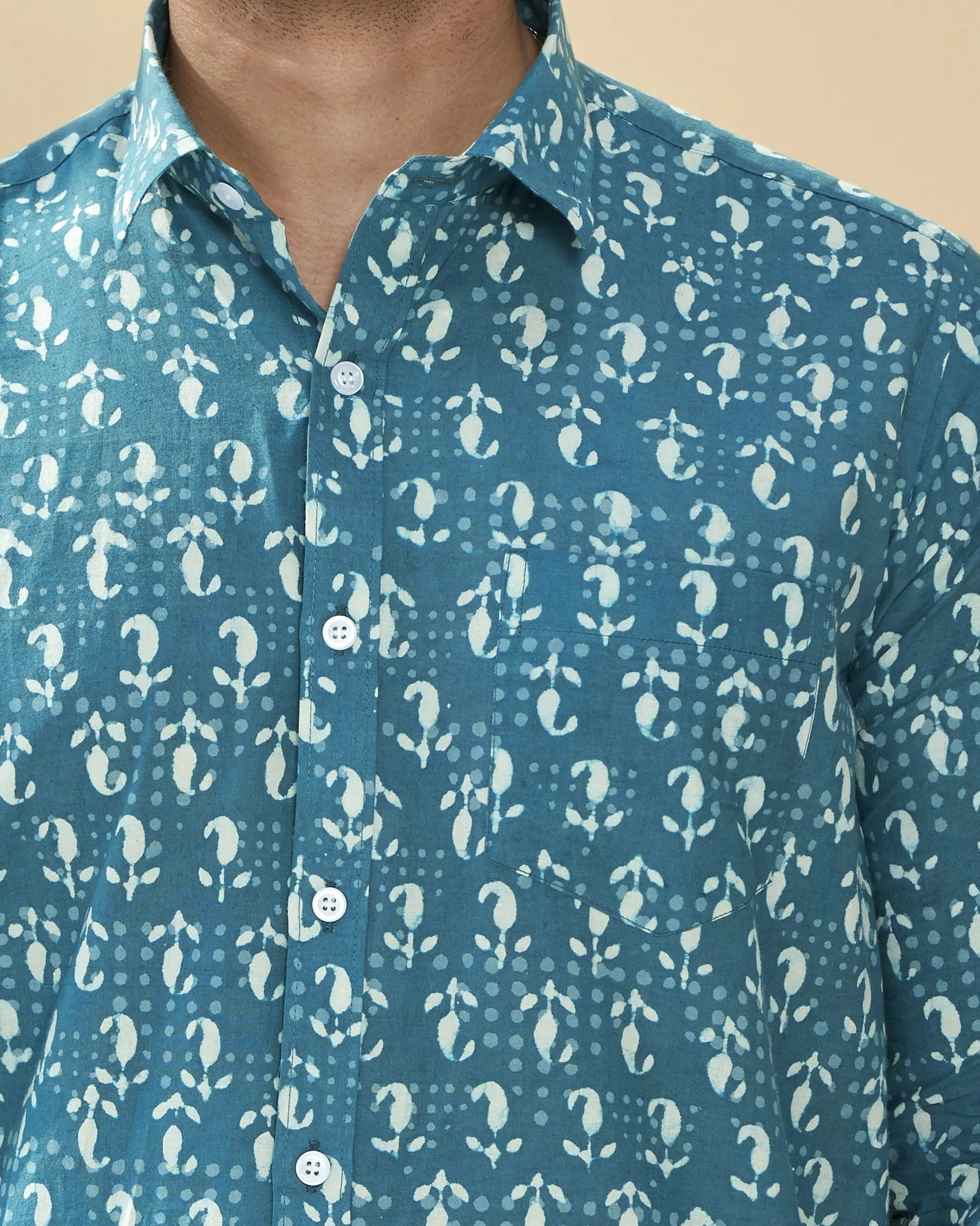 Sea Blue Full Sleeve Cotton Hand Block Printed Shirt