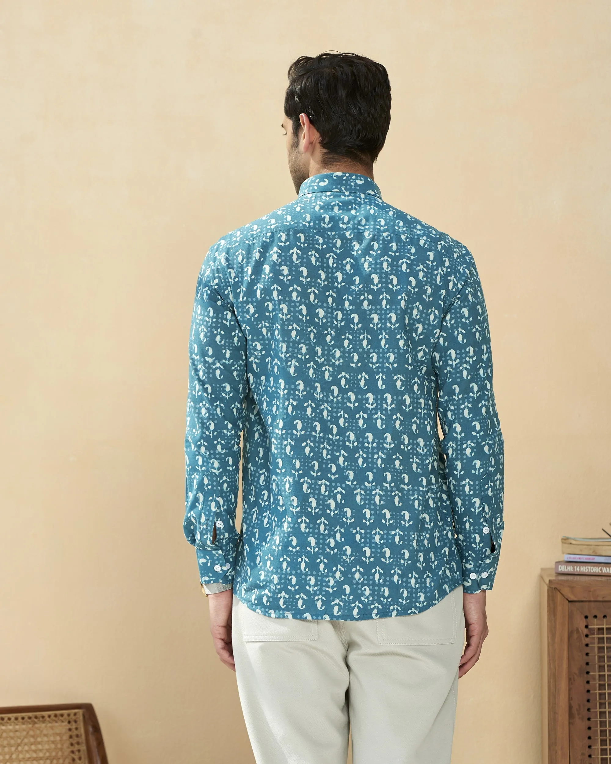 Sea Blue Full Sleeve Cotton Hand Block Printed Shirt