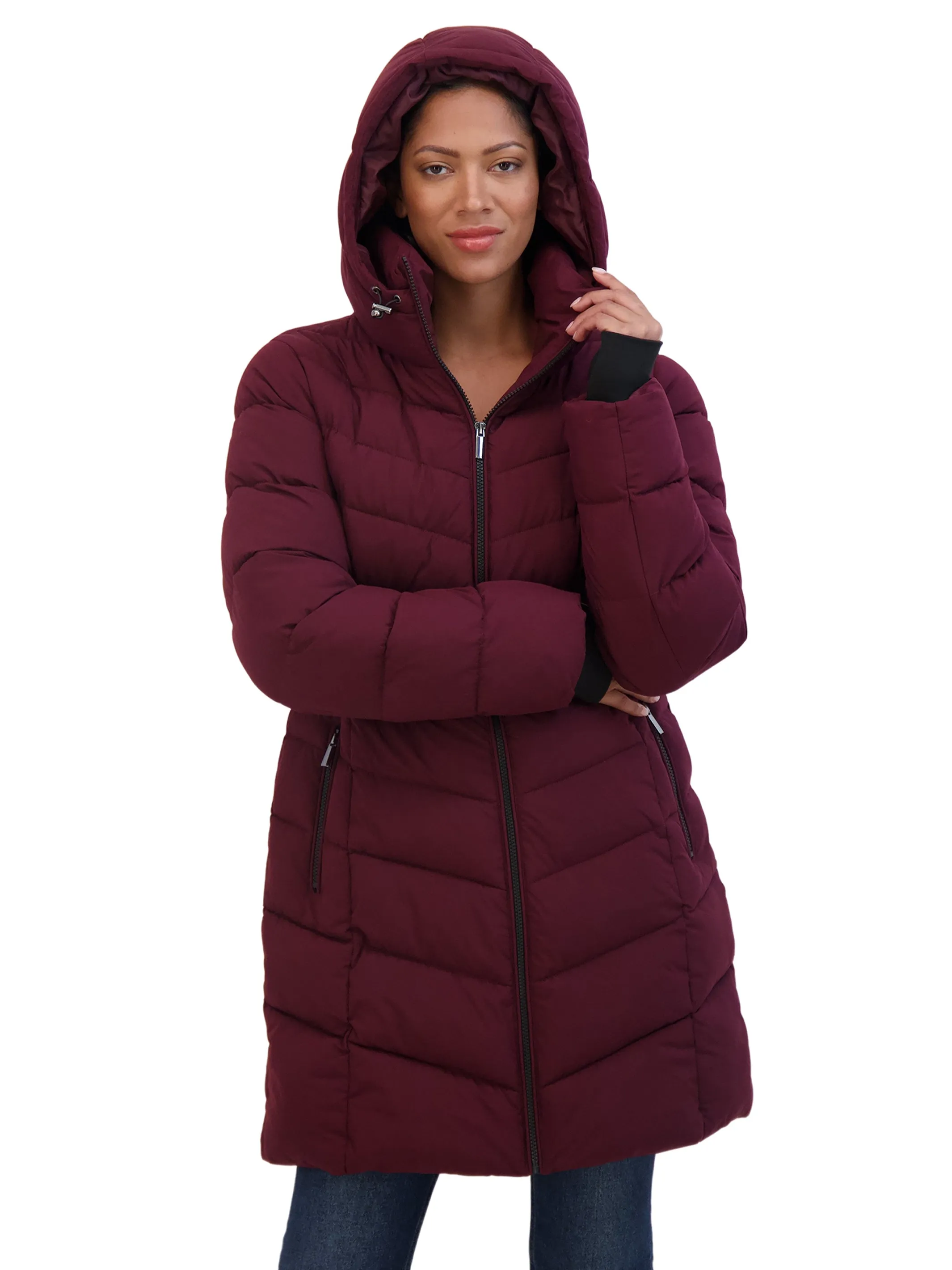 Sebby Collection Women's 3/4 Hooded Stretch Puffer Coat