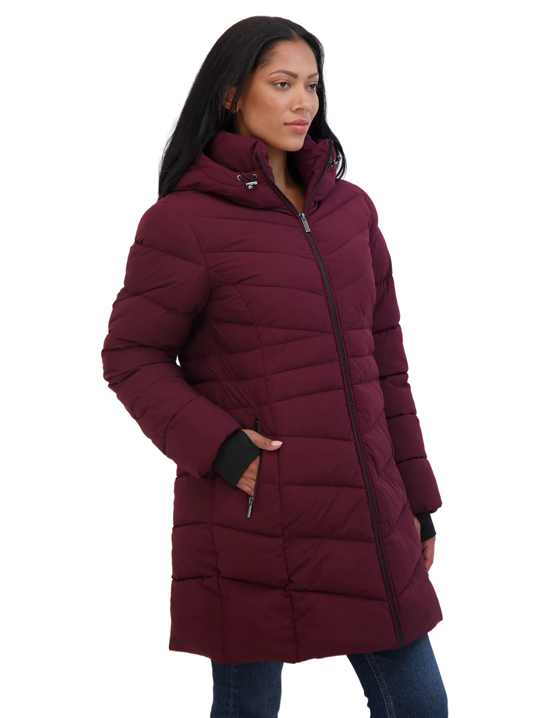 Sebby Collection Women's 3/4 Hooded Stretch Puffer Coat