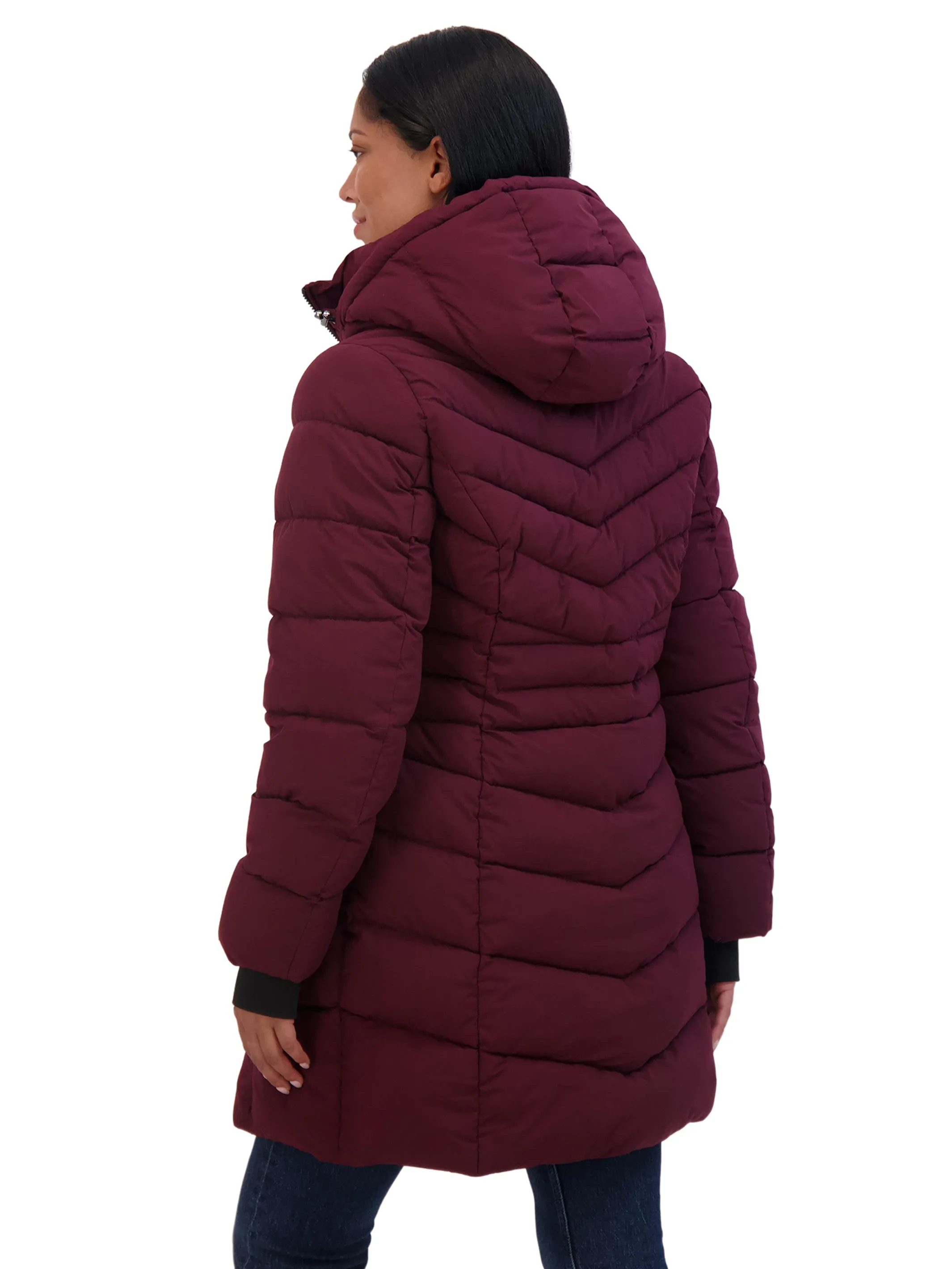 Sebby Collection Women's 3/4 Hooded Stretch Puffer Coat