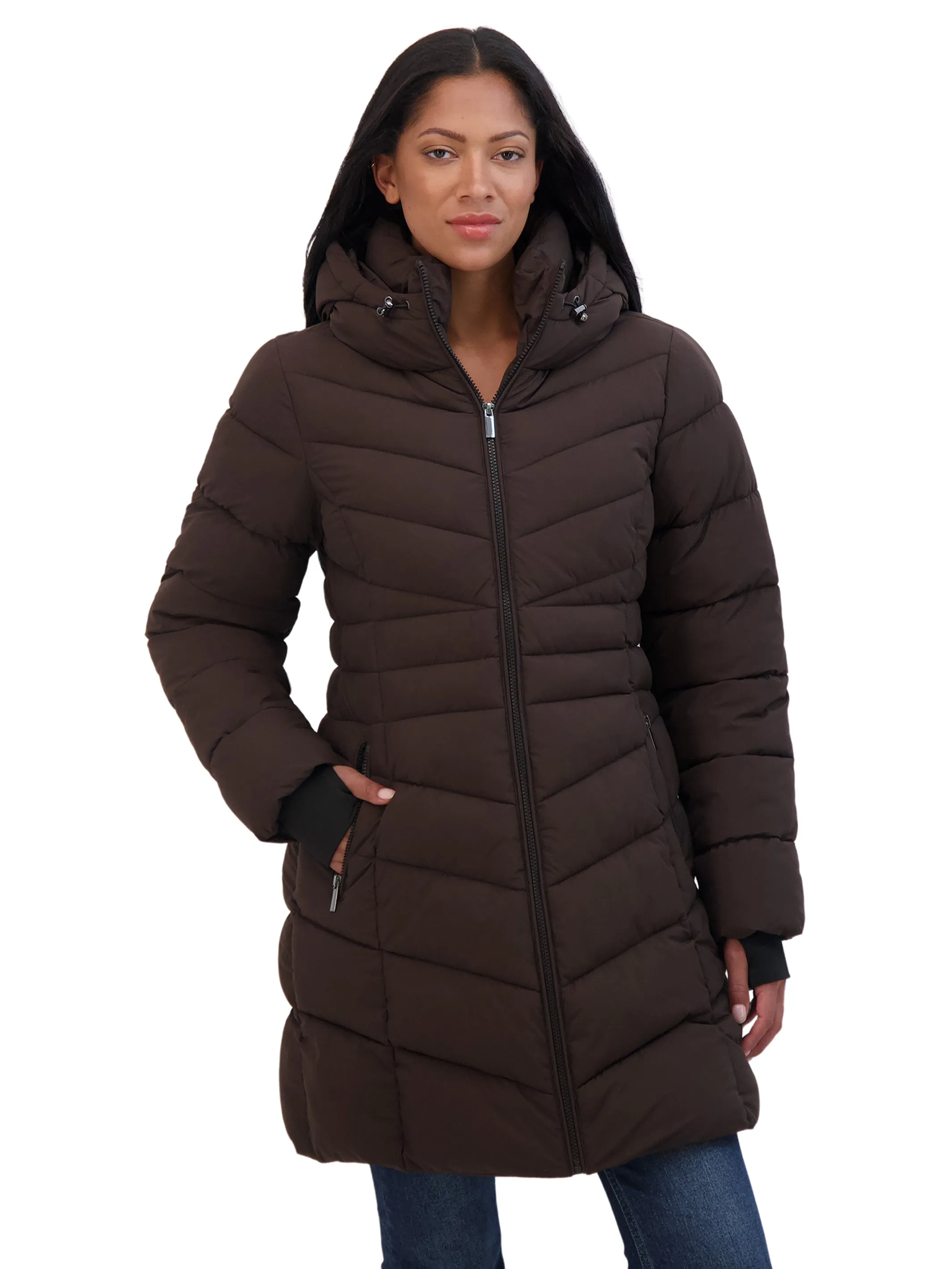 Sebby Collection Women's 3/4 Hooded Stretch Puffer Coat