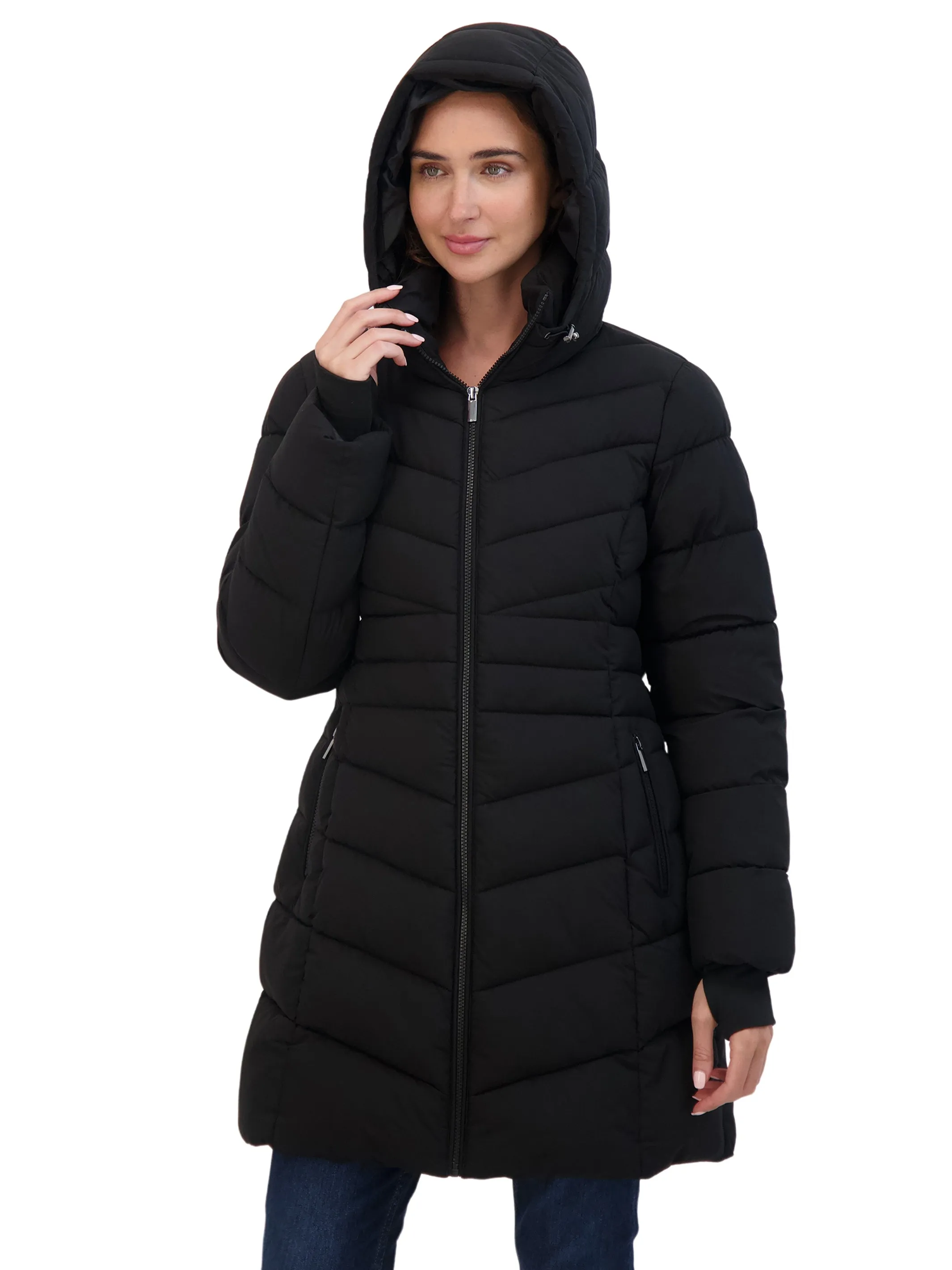 Sebby Collection Women's 3/4 Hooded Stretch Puffer Coat