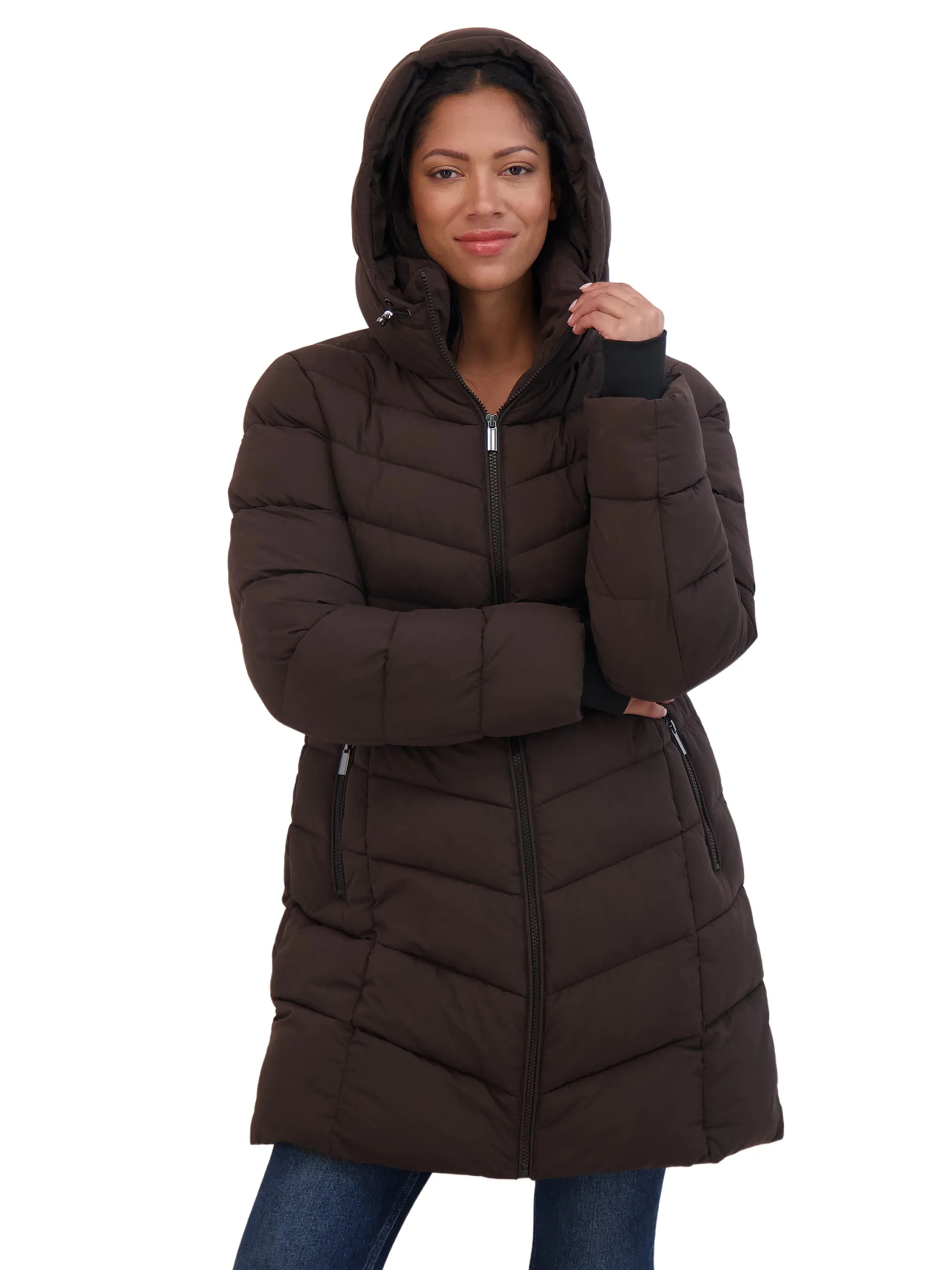 Sebby Collection Women's 3/4 Hooded Stretch Puffer Coat