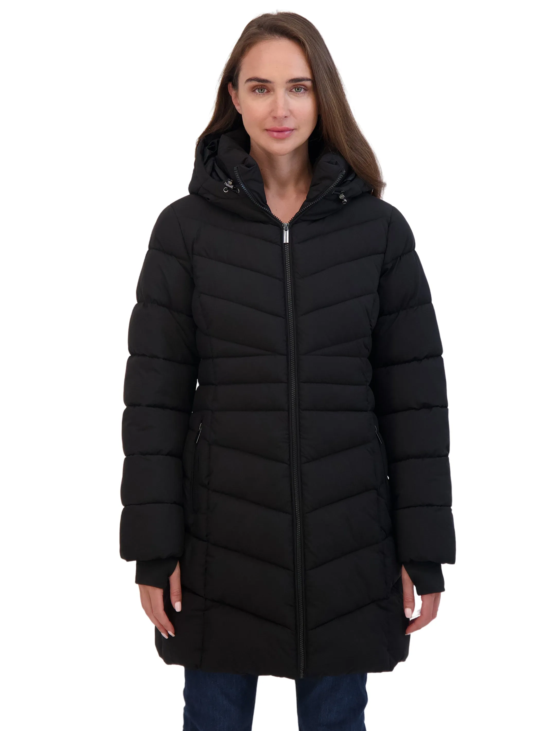 Sebby Collection Women's 3/4 Hooded Stretch Puffer Coat