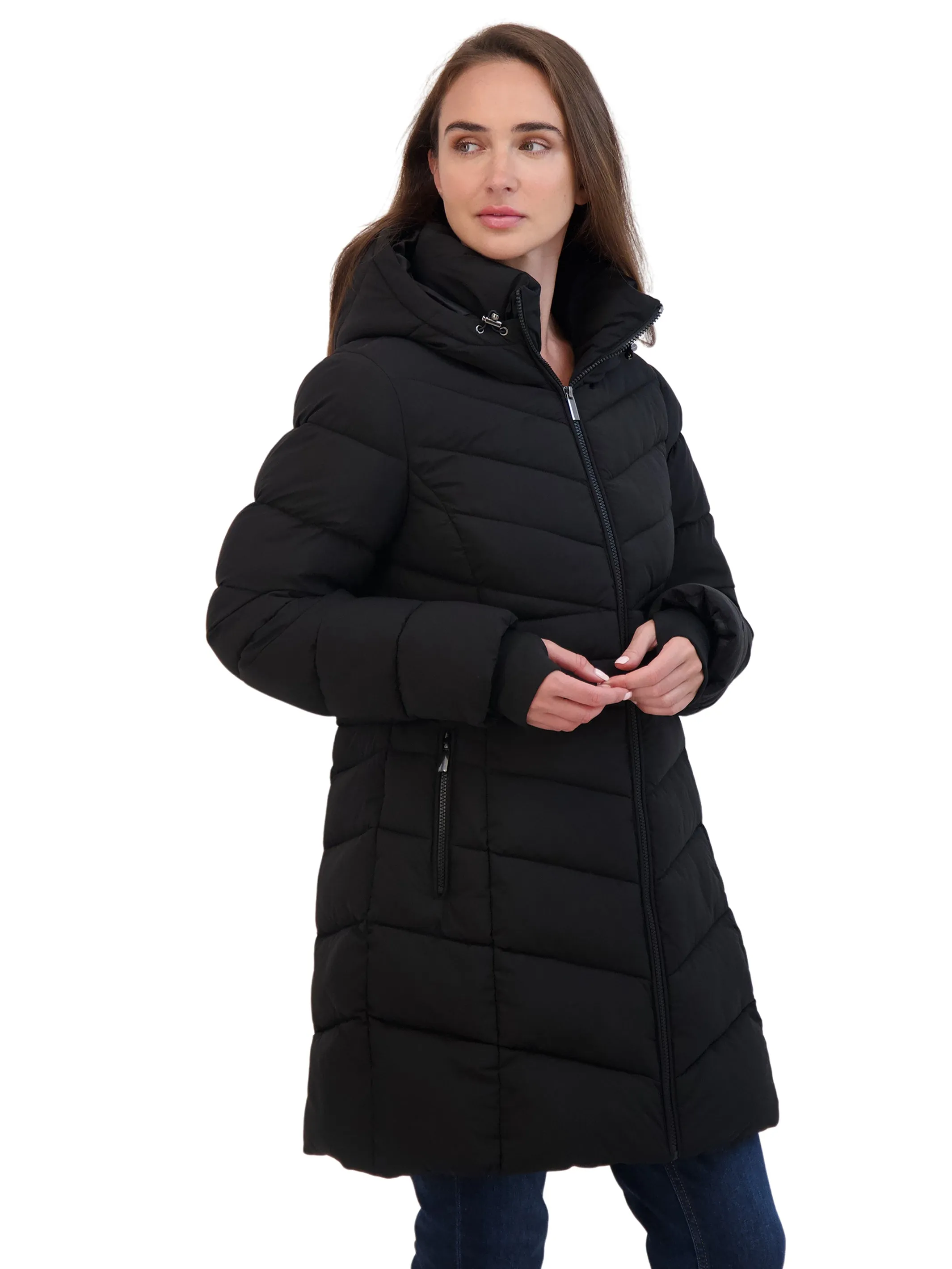 Sebby Collection Women's 3/4 Hooded Stretch Puffer Coat