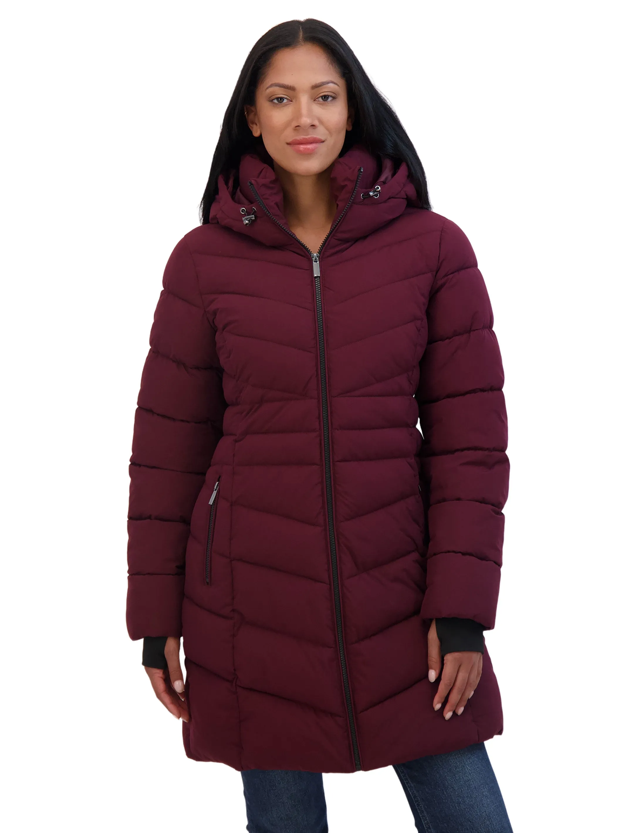 Sebby Collection Women's 3/4 Hooded Stretch Puffer Coat