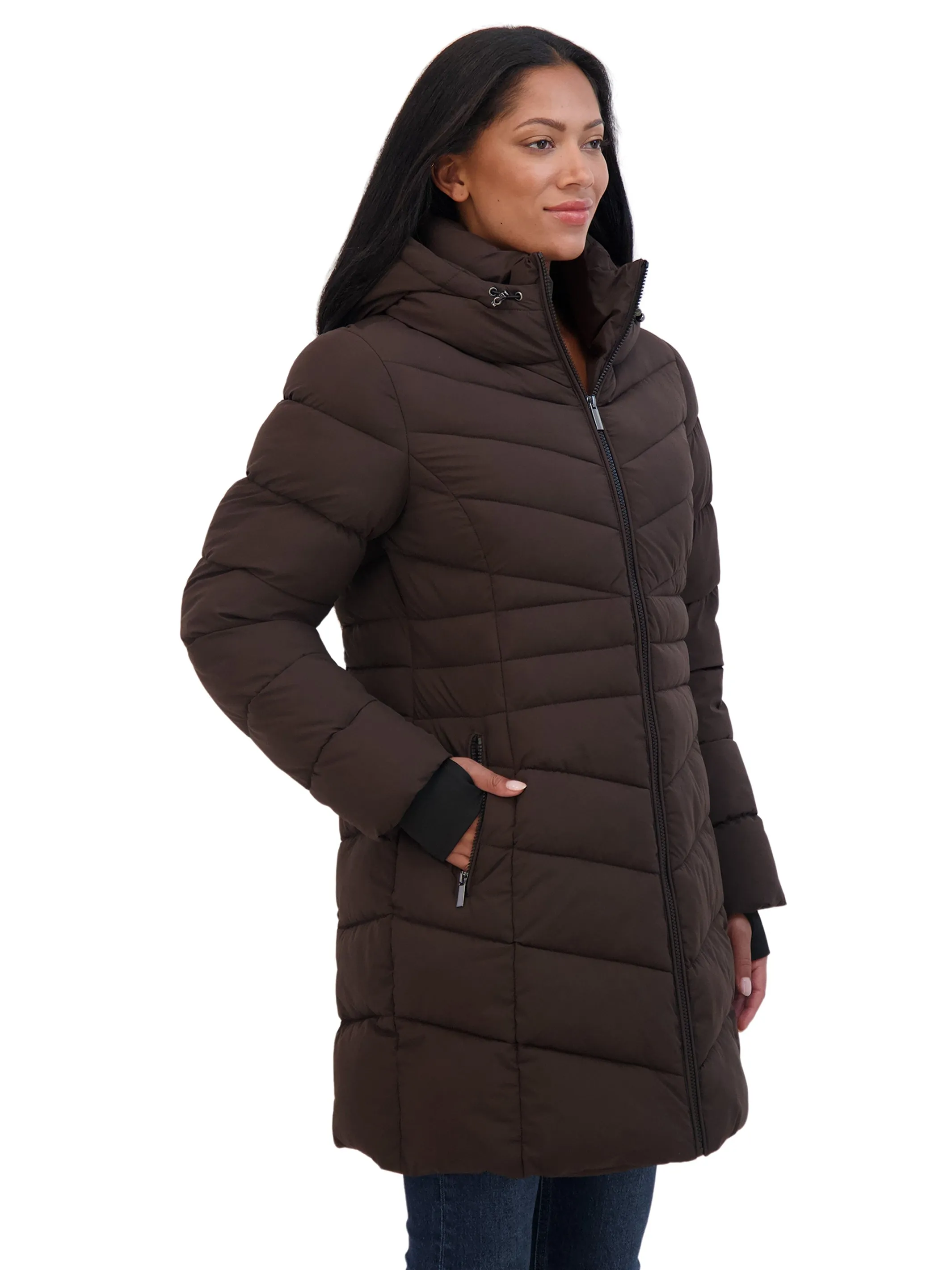 Sebby Collection Women's 3/4 Hooded Stretch Puffer Coat