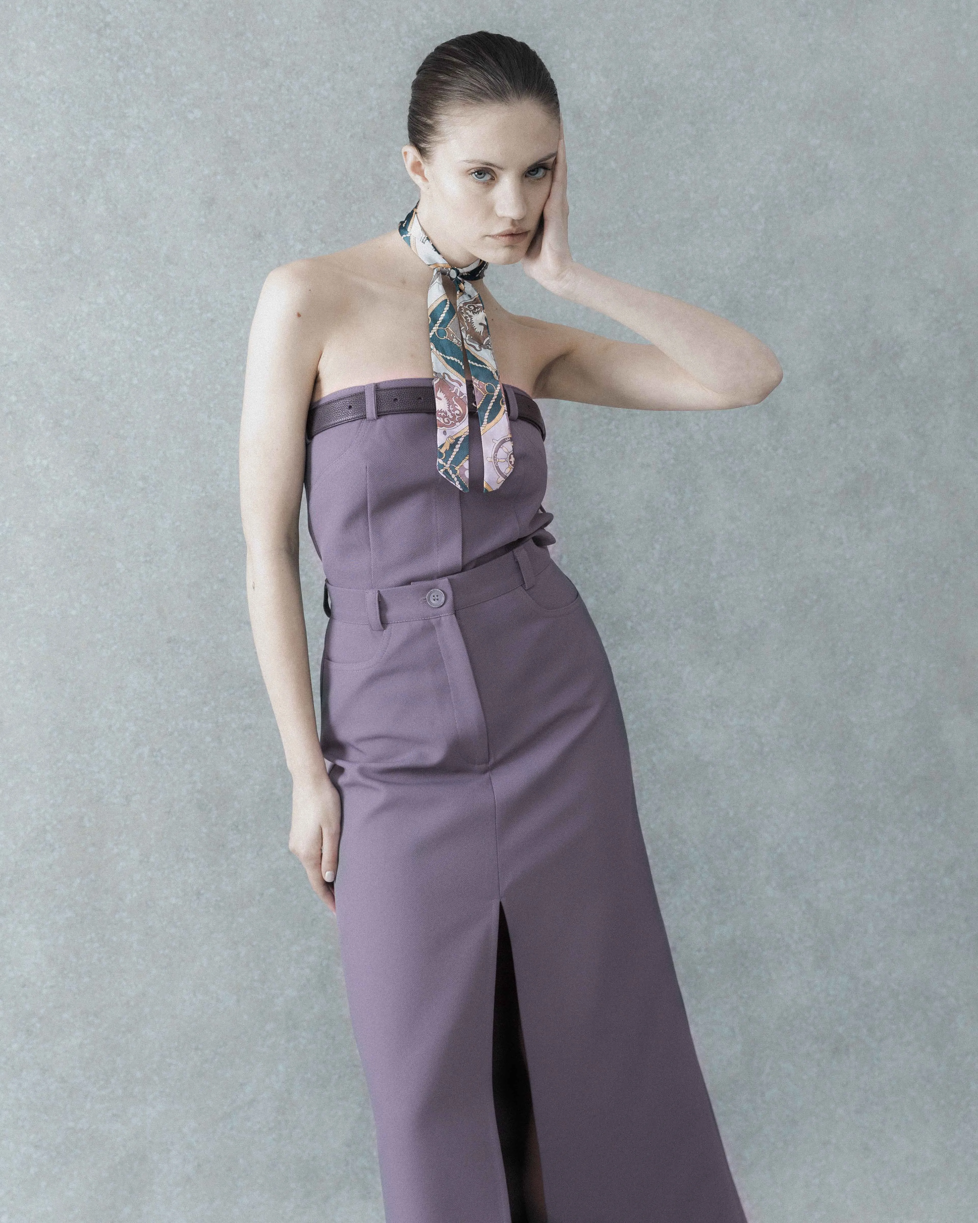 SET: MIDI SKIRT, CORSET. GREY- PURPLE.