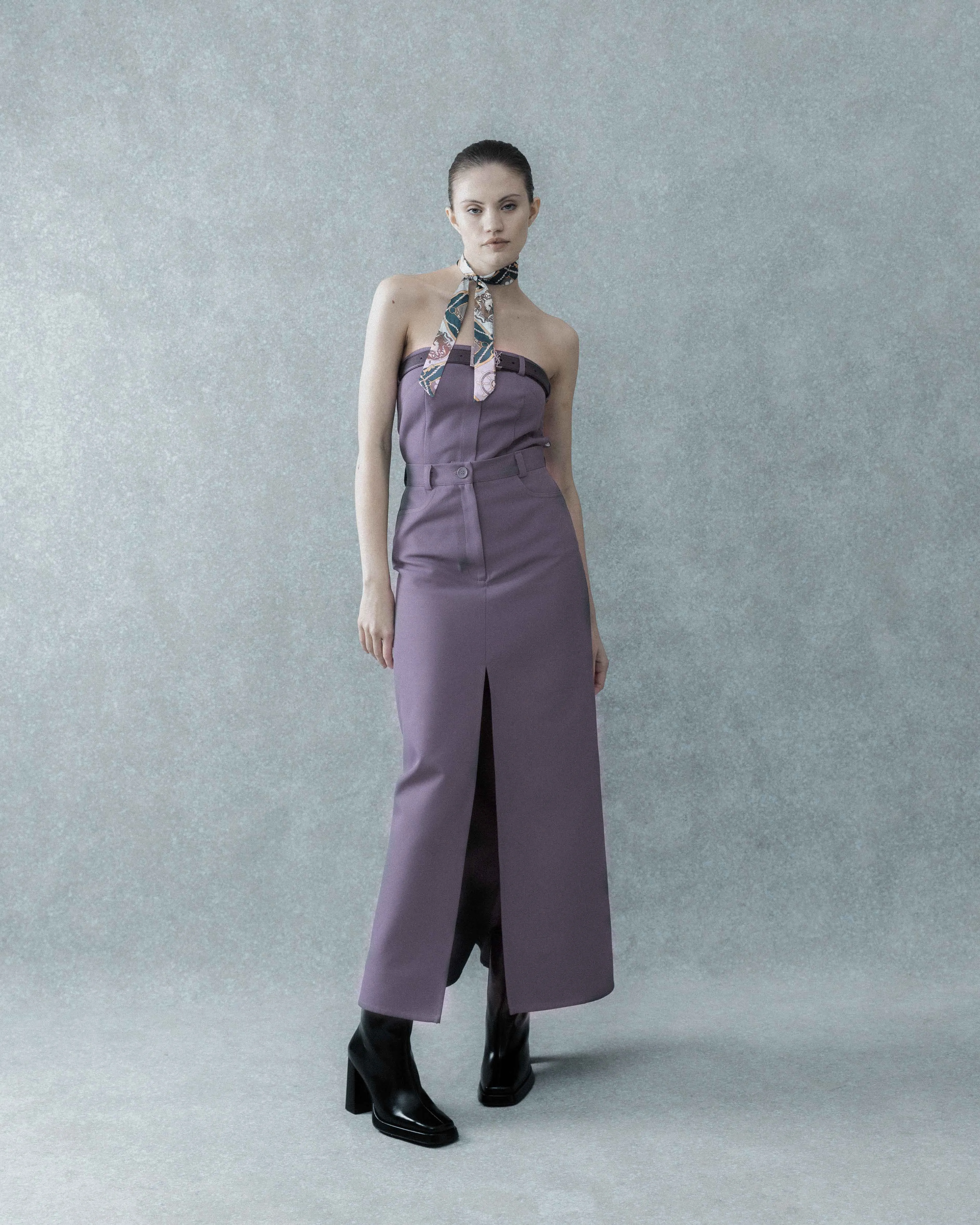 SET: MIDI SKIRT, CORSET. GREY- PURPLE.