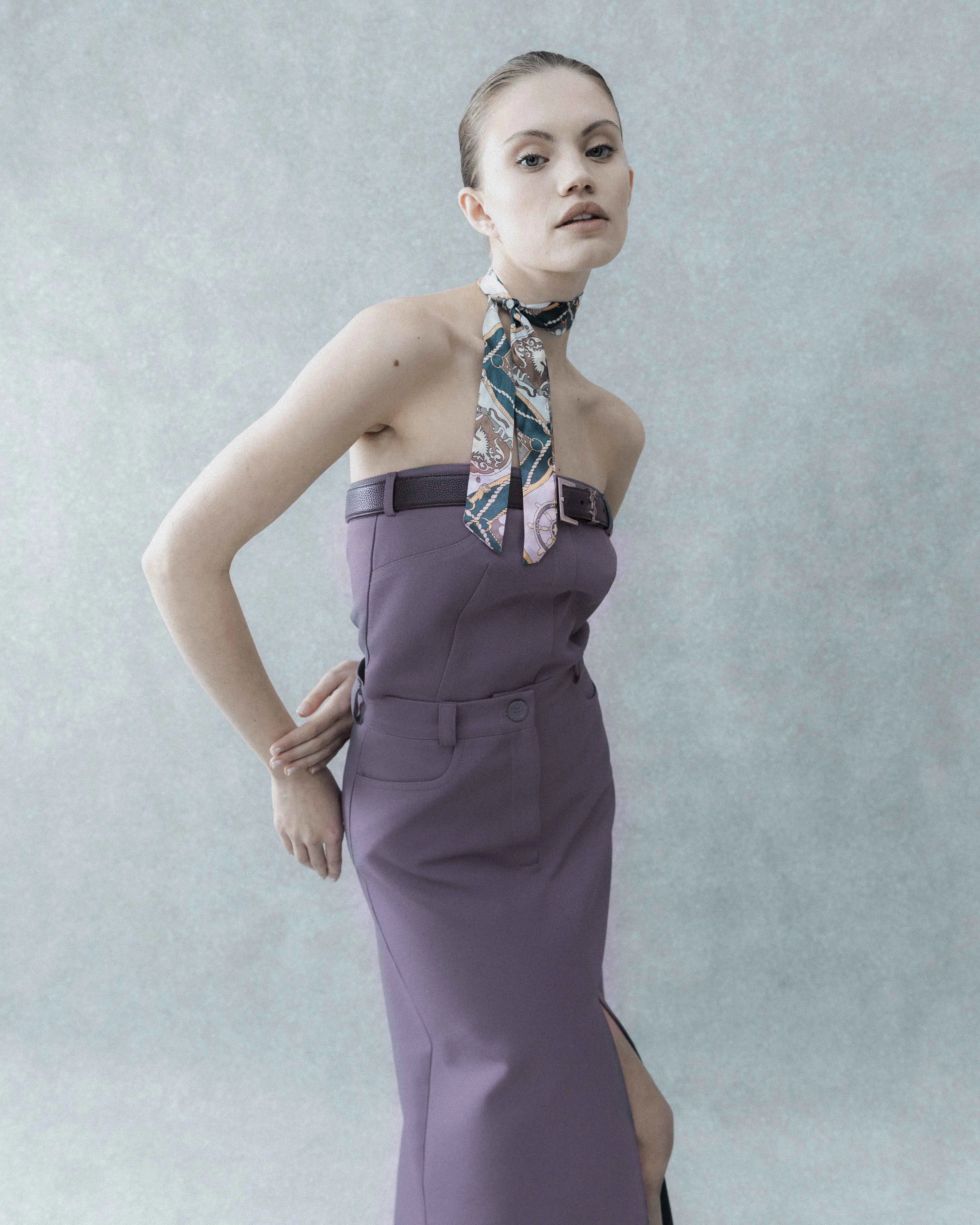 SET: MIDI SKIRT, CORSET. GREY- PURPLE.