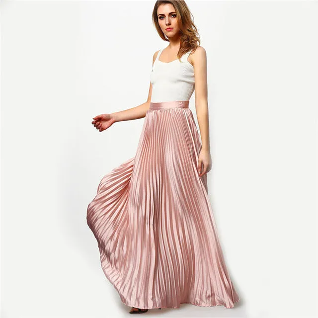 Sheinside Pleated Maxi Skirt 2017 Autumn Womens Hight Waist Fashion Designer Elegant Ladies Elastic Waist Beach Maxi Skirt