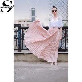 Sheinside Pleated Maxi Skirt 2017 Autumn Womens Hight Waist Fashion Designer Elegant Ladies Elastic Waist Beach Maxi Skirt