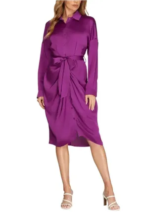 Shirred Skirt Cuff Sleeve Drop Collar Midi Satin Dress