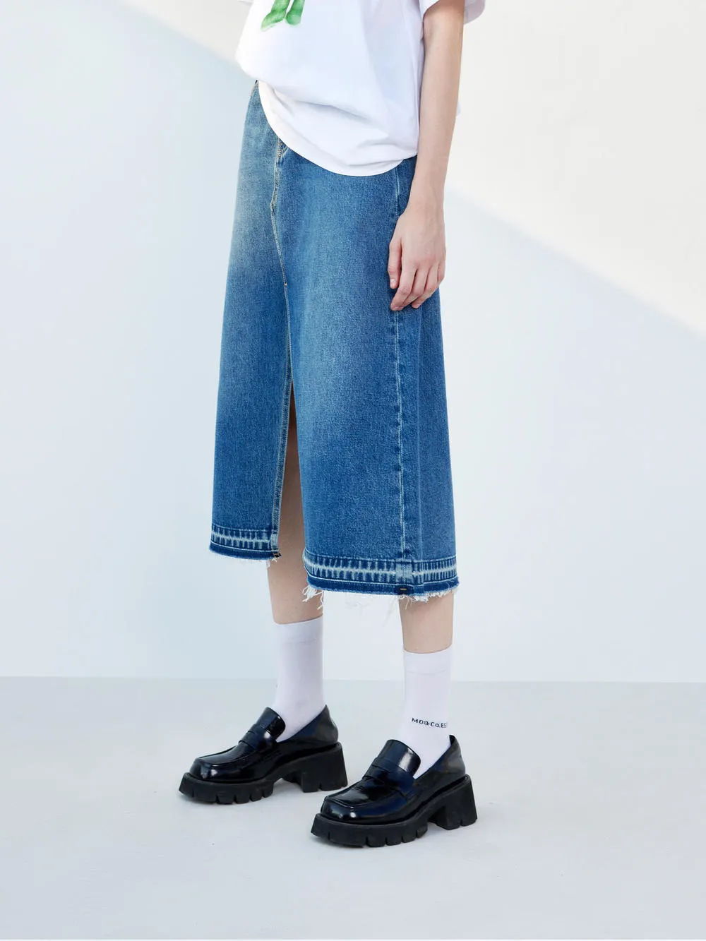 Slit Front Midi Denim Skirt