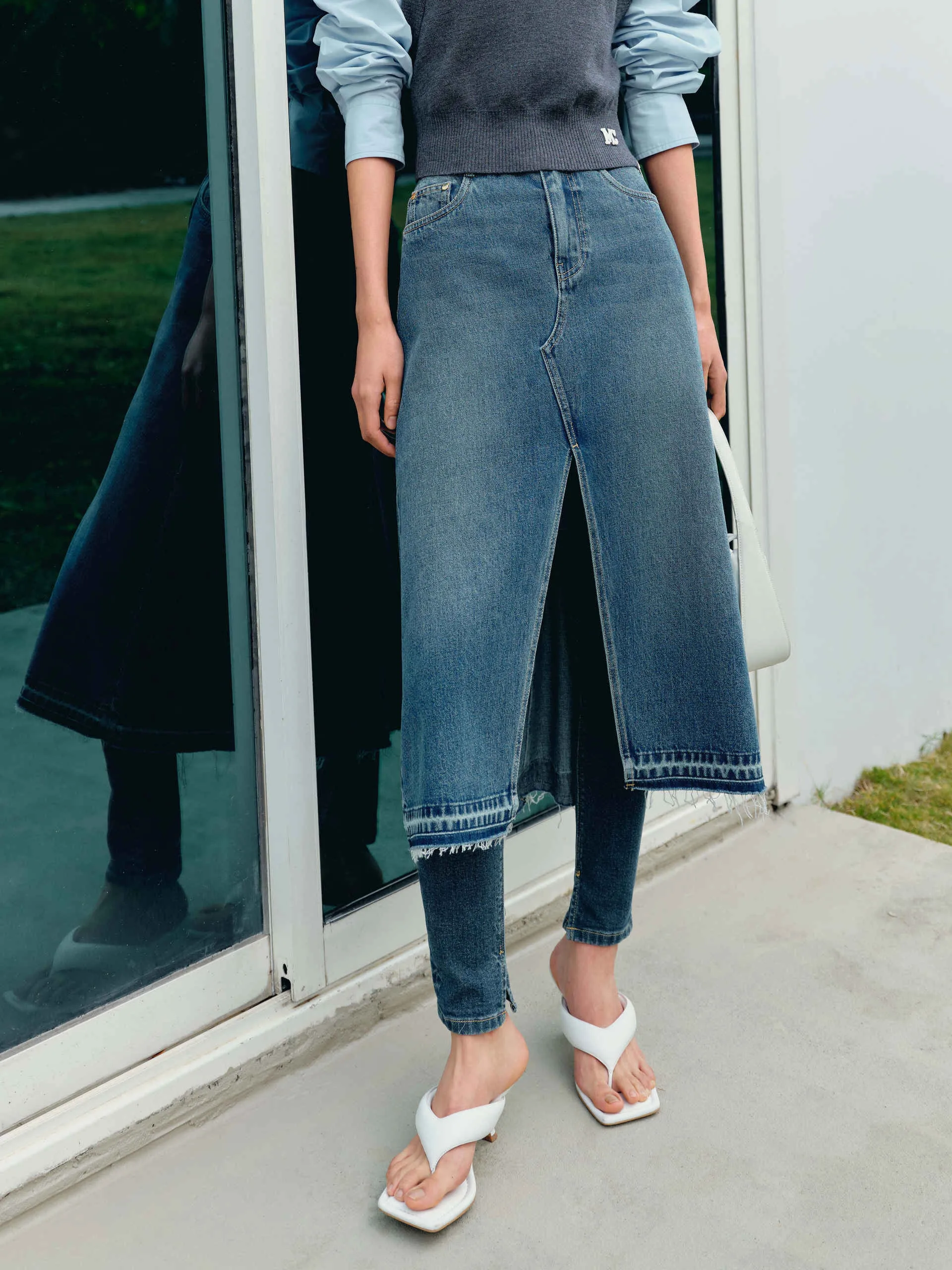 Slit Front Midi Denim Skirt