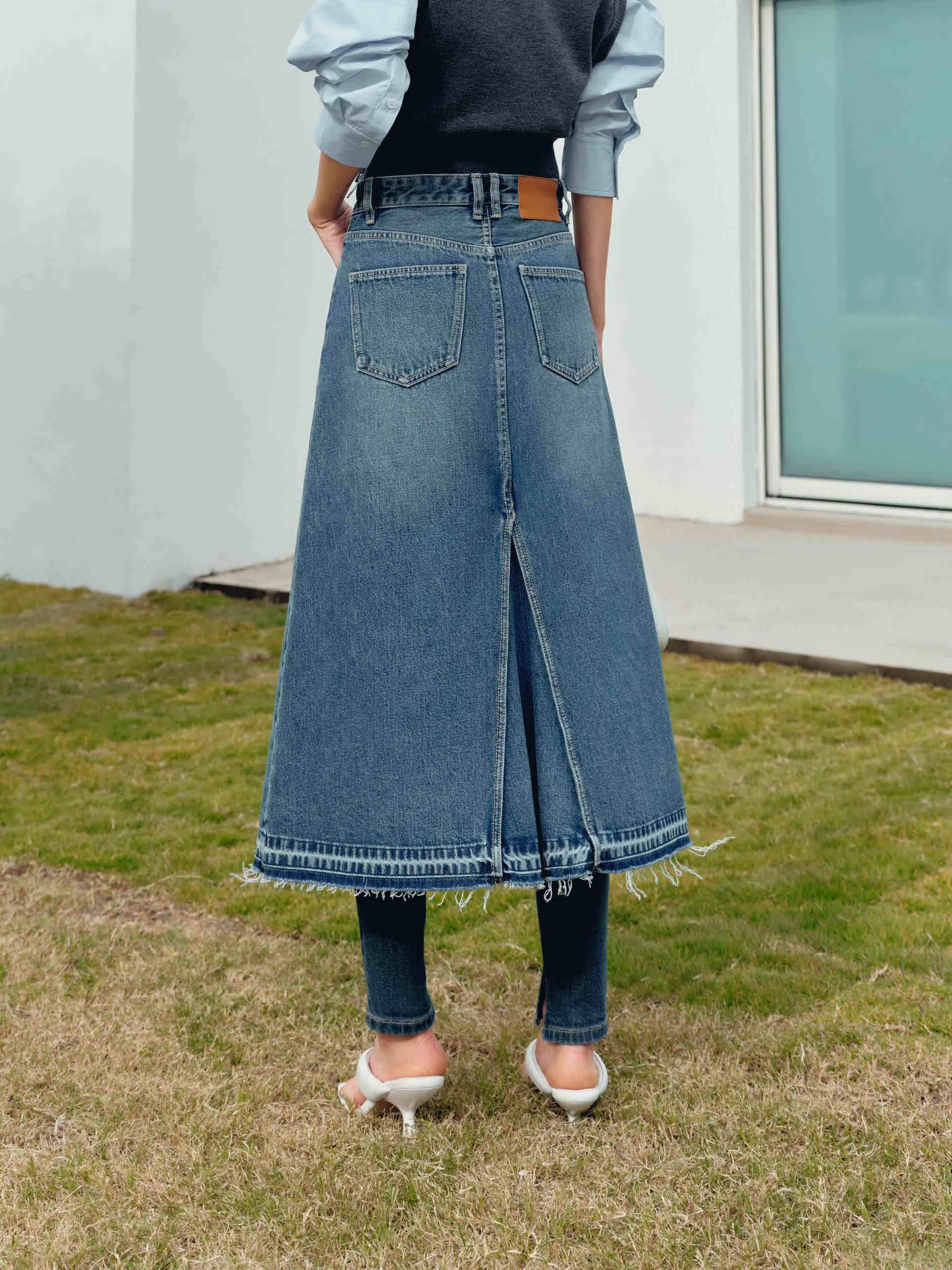 Slit Front Midi Denim Skirt