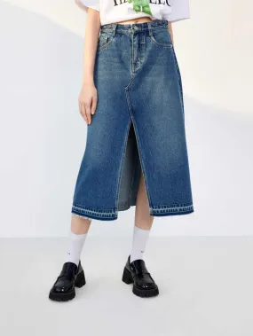 Slit Front Midi Denim Skirt