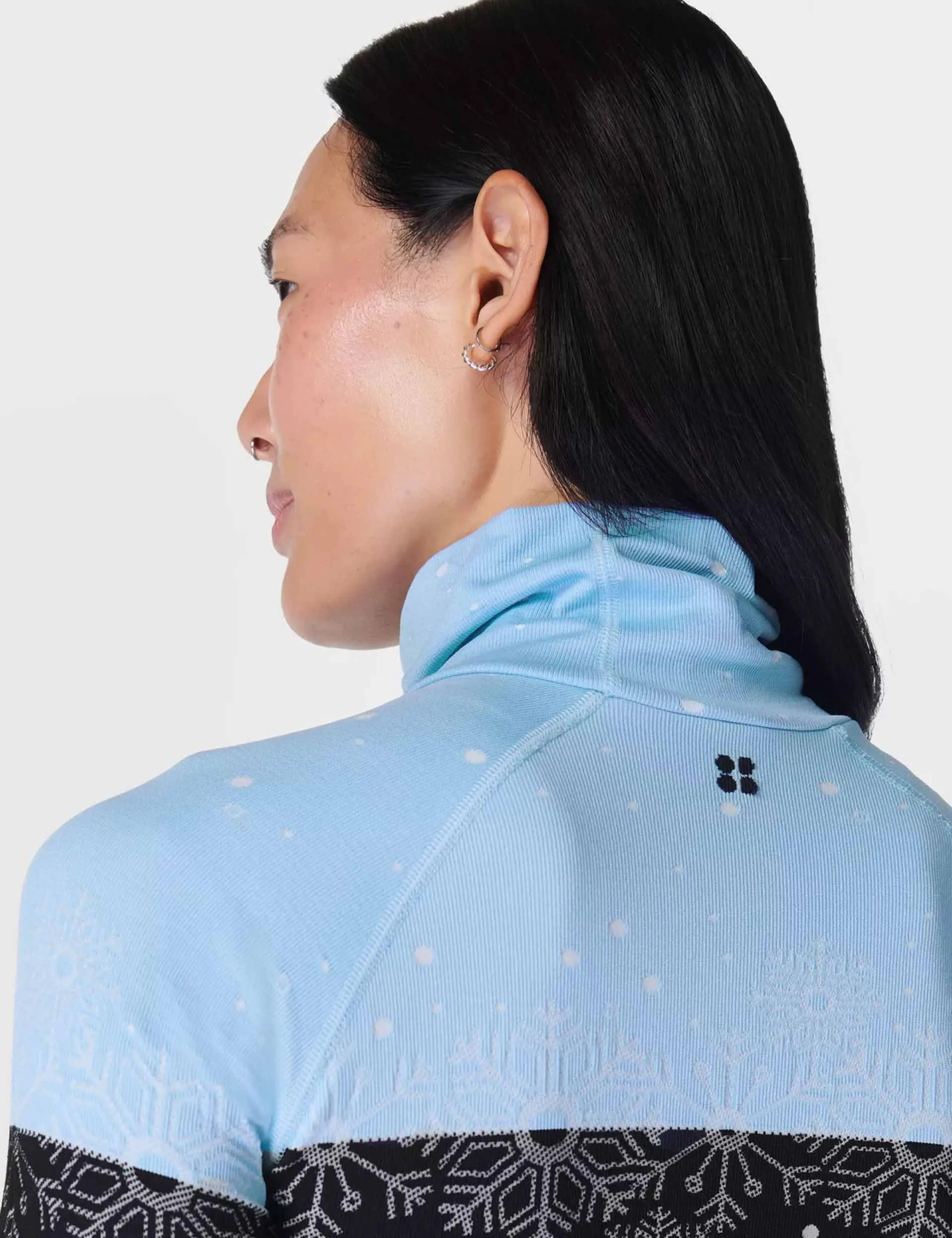 Snowflake Funnel Neck Base Layer Top - Blue Snowflake Jacquard