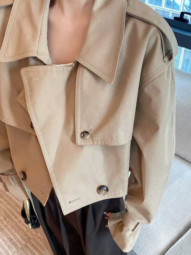 Solid Minimalist Trenches For Women Lapel Long Sleeve Patchwork Belt Chic Casual Short Trench Female Clothing