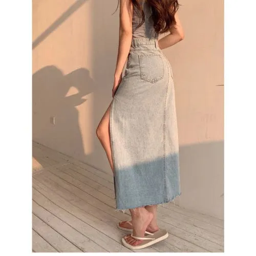 Straight Cut Denim Split Skirt