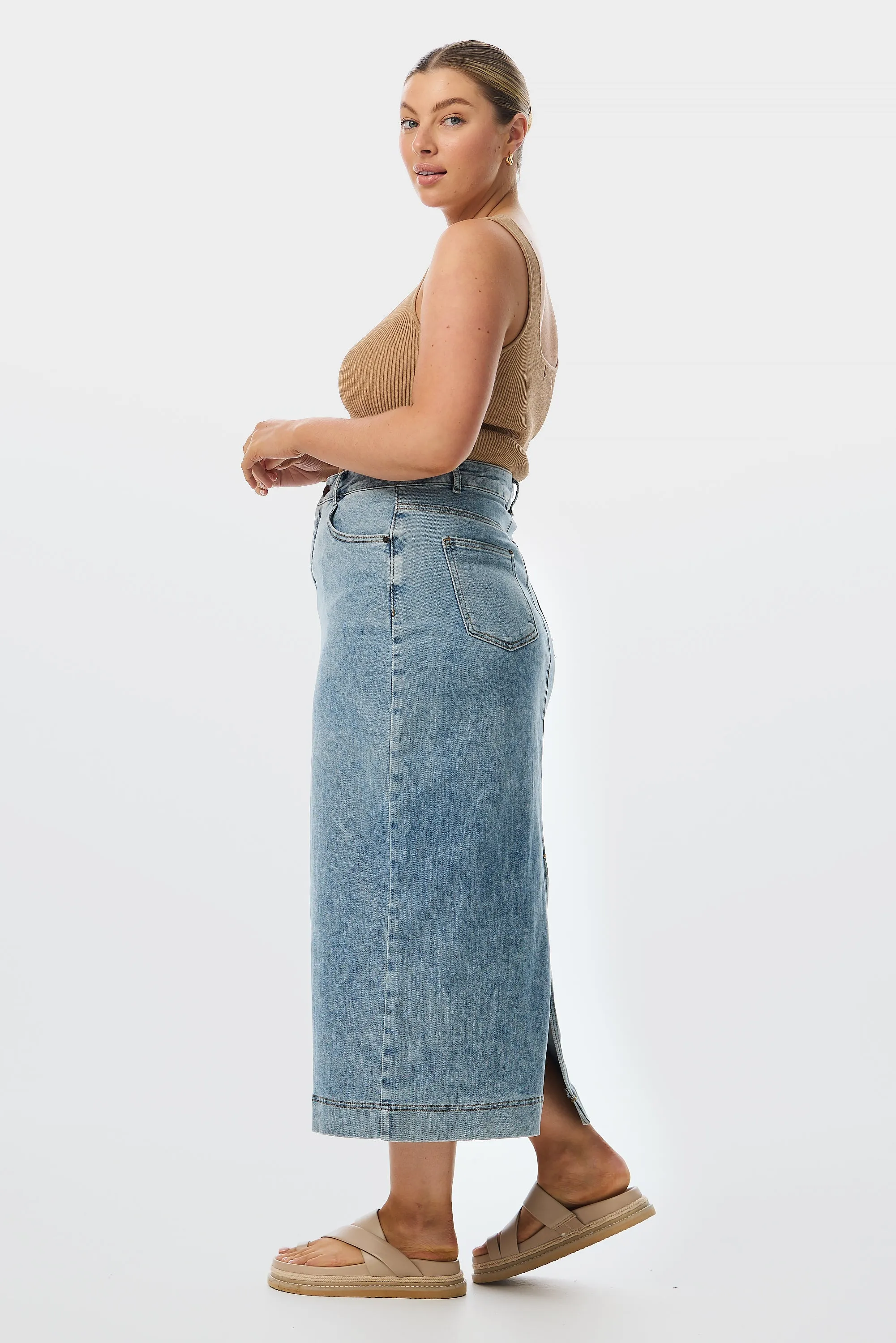 Straight Denim Skirt - Washed Blue