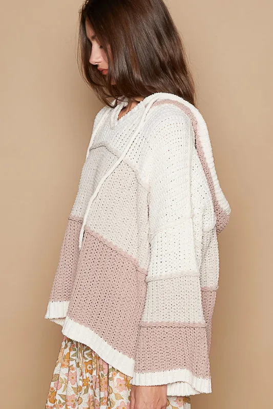 Striped Hooded Chunky Knit Cardigan by POL - Cream Beige Multi