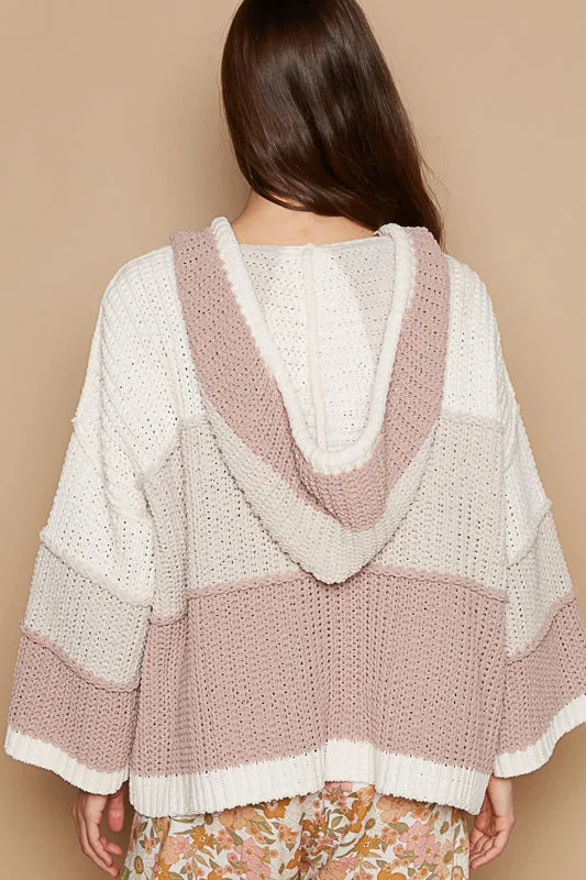 Striped Hooded Chunky Knit Cardigan by POL - Cream Beige Multi