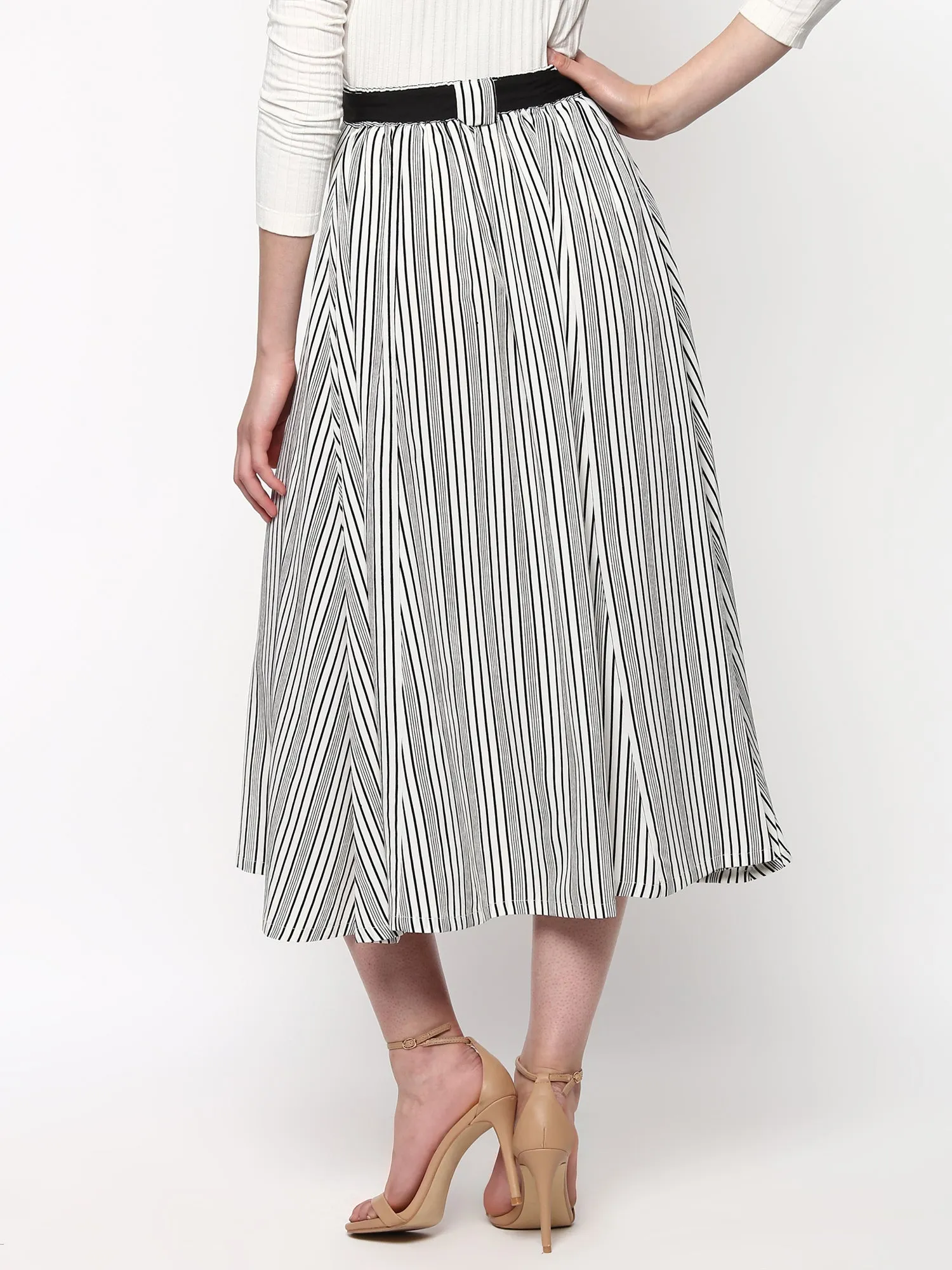 Striped Printed Flared Belted Midi Skirt