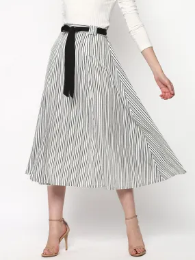 Striped Printed Flared Belted Midi Skirt