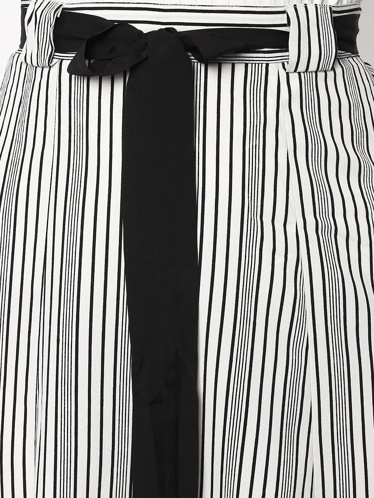 Striped Printed Flared Belted Midi Skirt