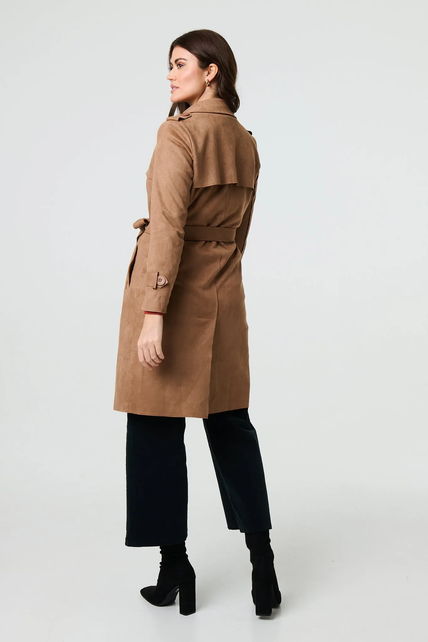 Suede Tie Waist Button Front Trench Coat