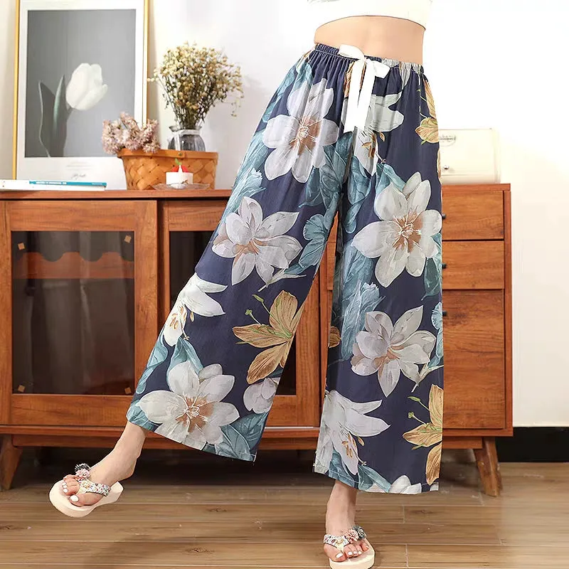 Summer Cotton Silk Wide-Leg Pajama Pants' - Unique Printed Cropped Mosquito Pants