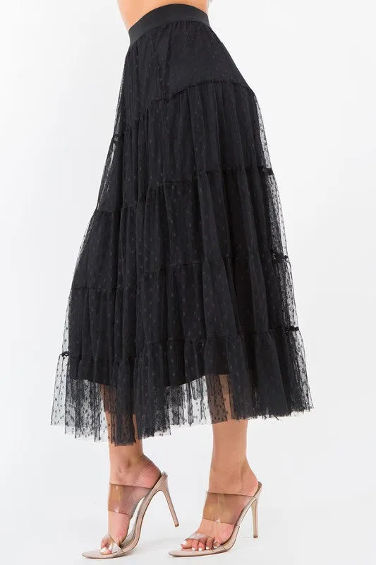 Tiered Dotted Tulle Midi Skirt