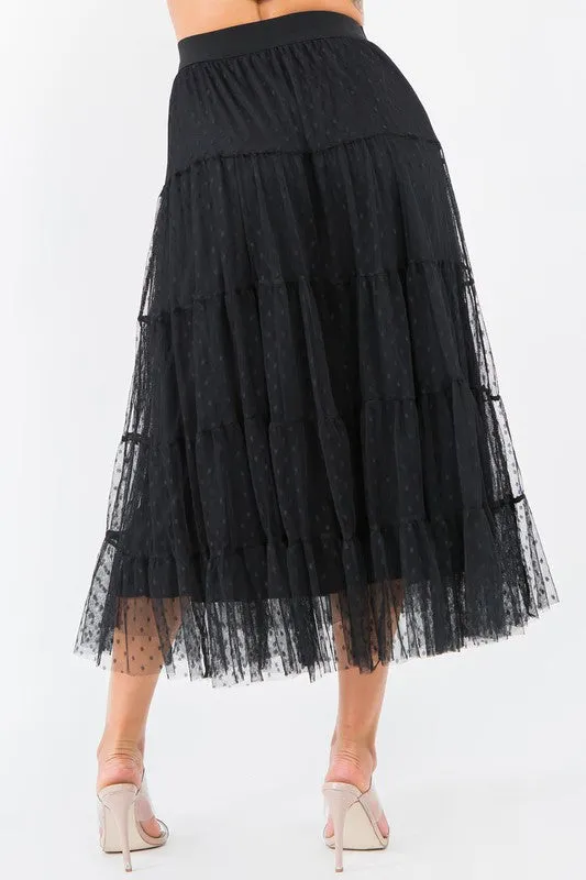 Tiered Dotted Tulle Midi Skirt