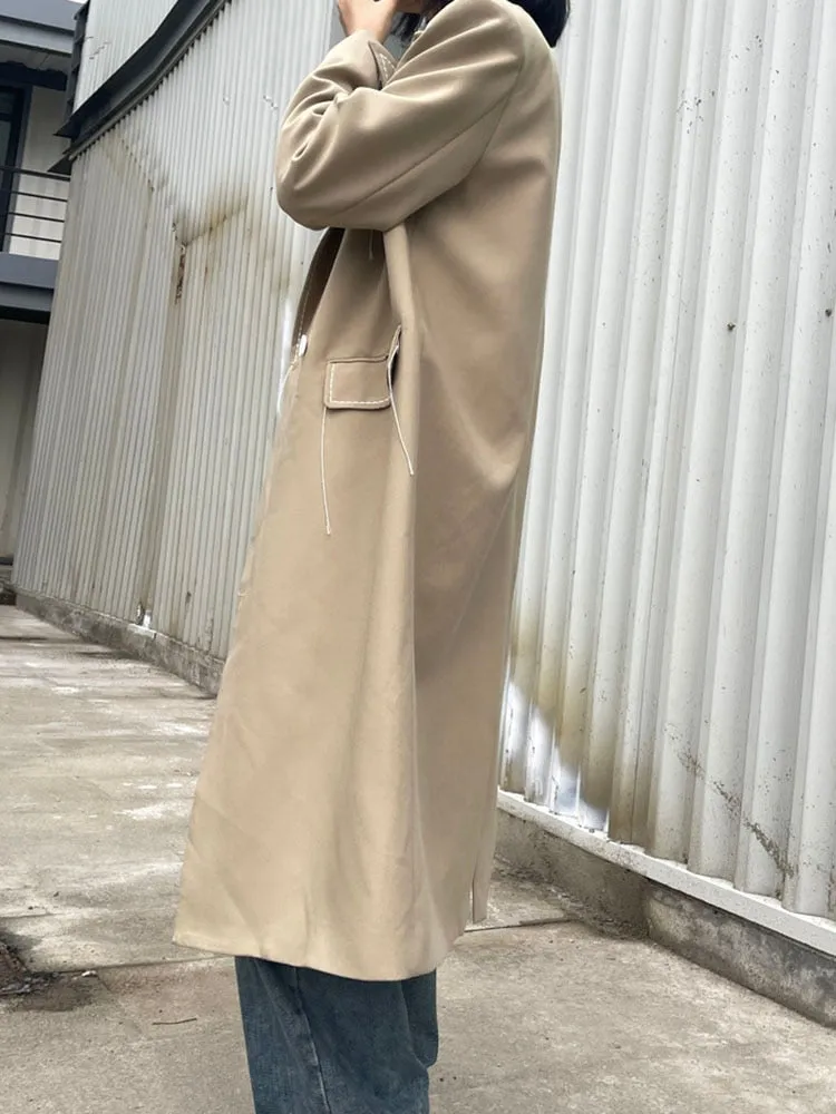 Topstitched Contrast Design Midi Trench Long Sleeve Elegant Suit Windbreaker Autumn Winter Fashion Women