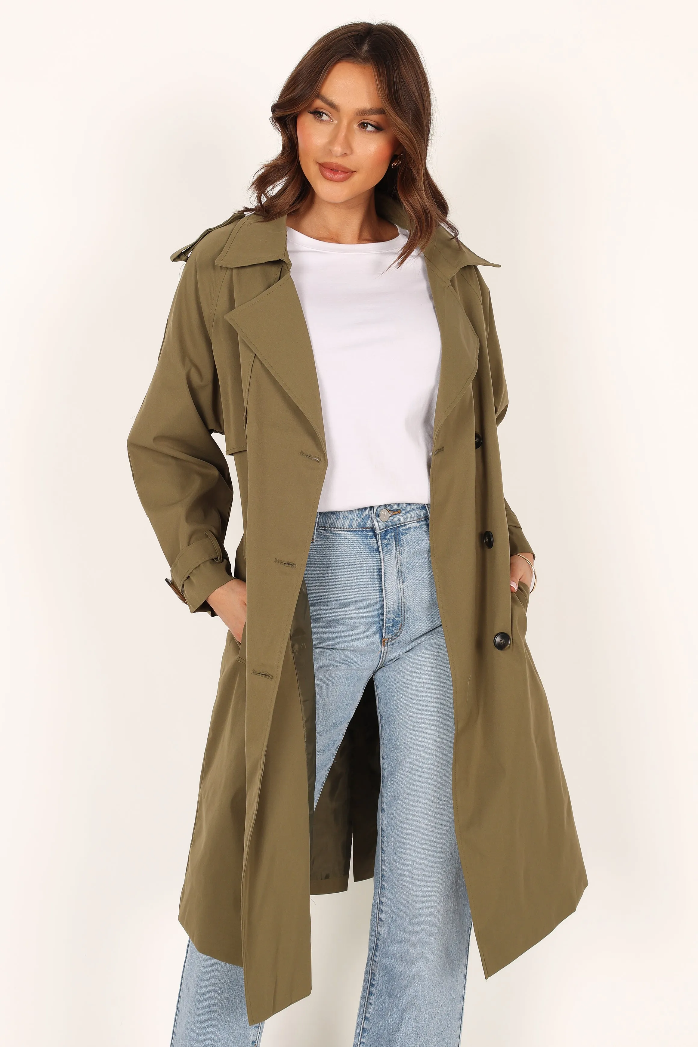 Trina Button Front Trench Coat - Olive