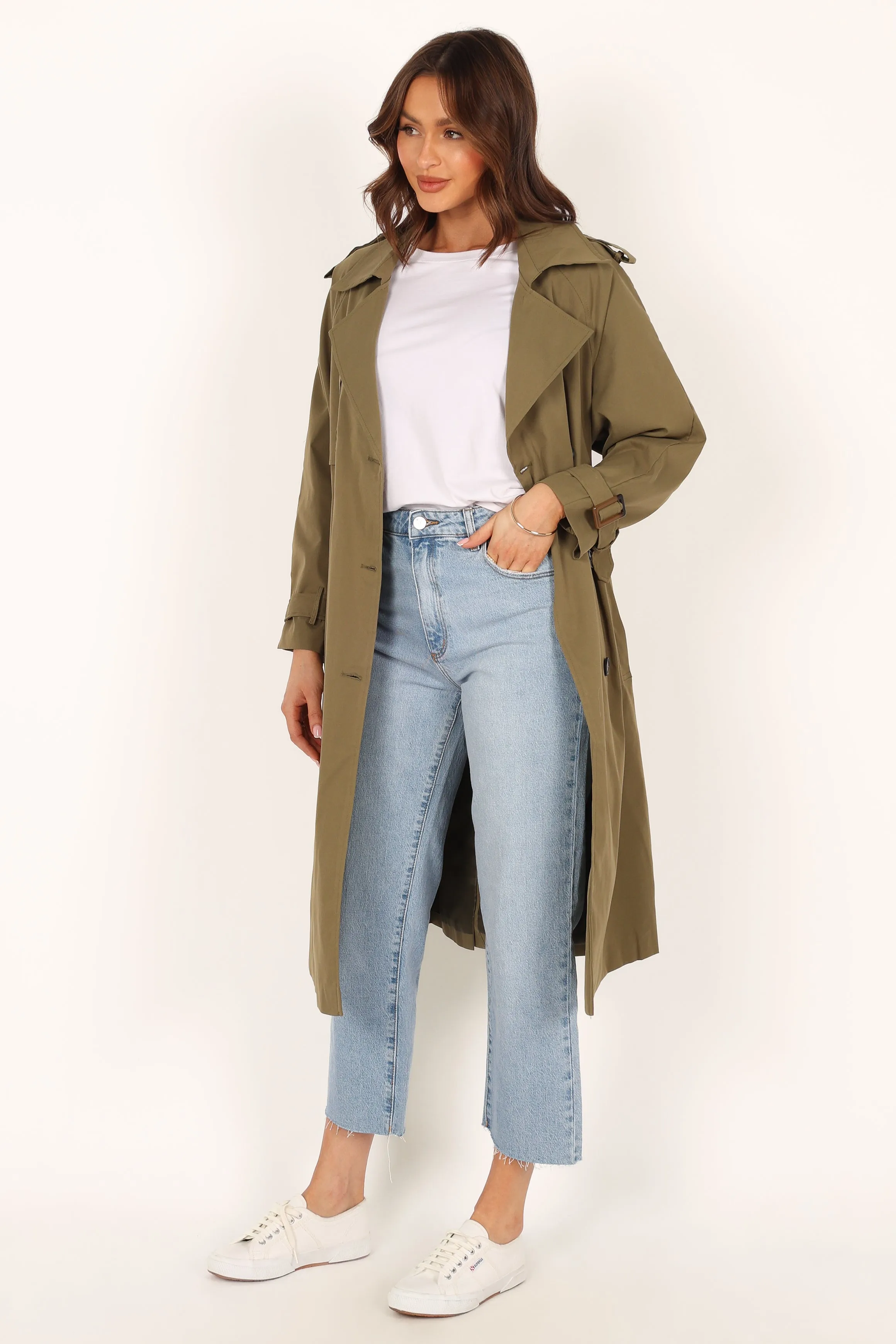 Trina Button Front Trench Coat - Olive