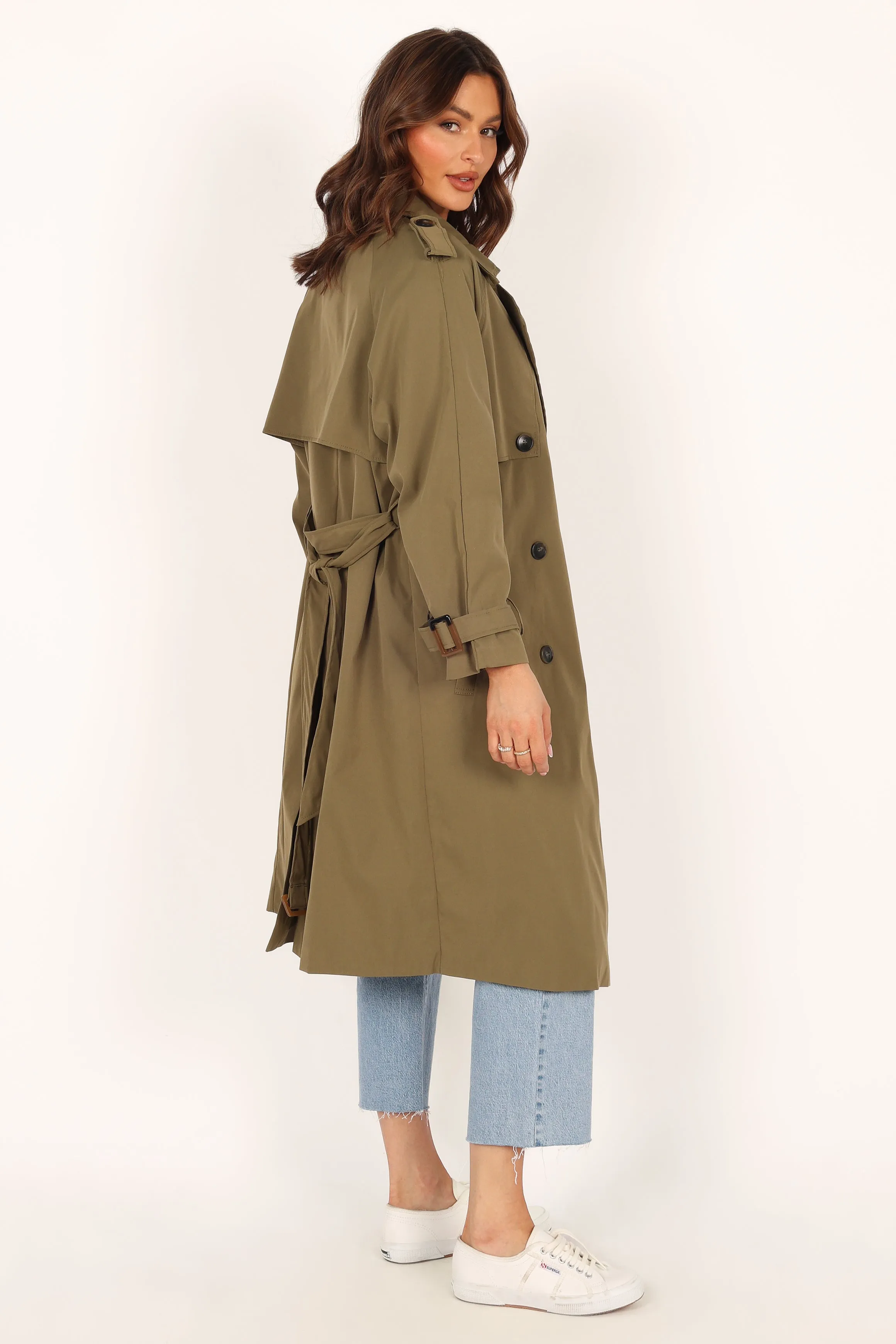 Trina Button Front Trench Coat - Olive