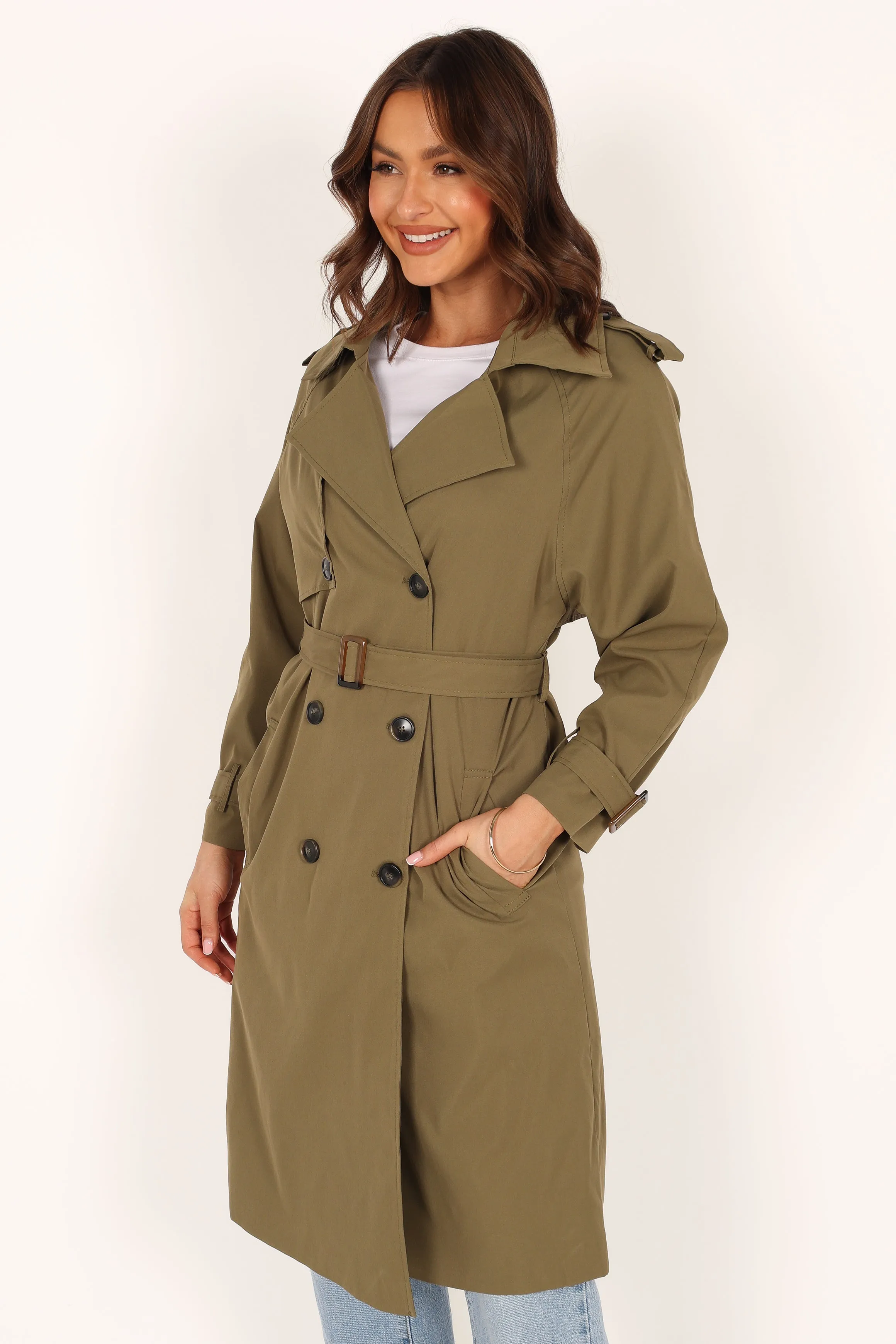 Trina Button Front Trench Coat - Olive