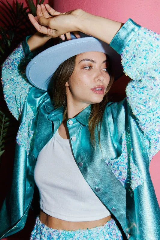 Turquoise Foil Oversized Shacket With Sleeve/Pocket Sequins