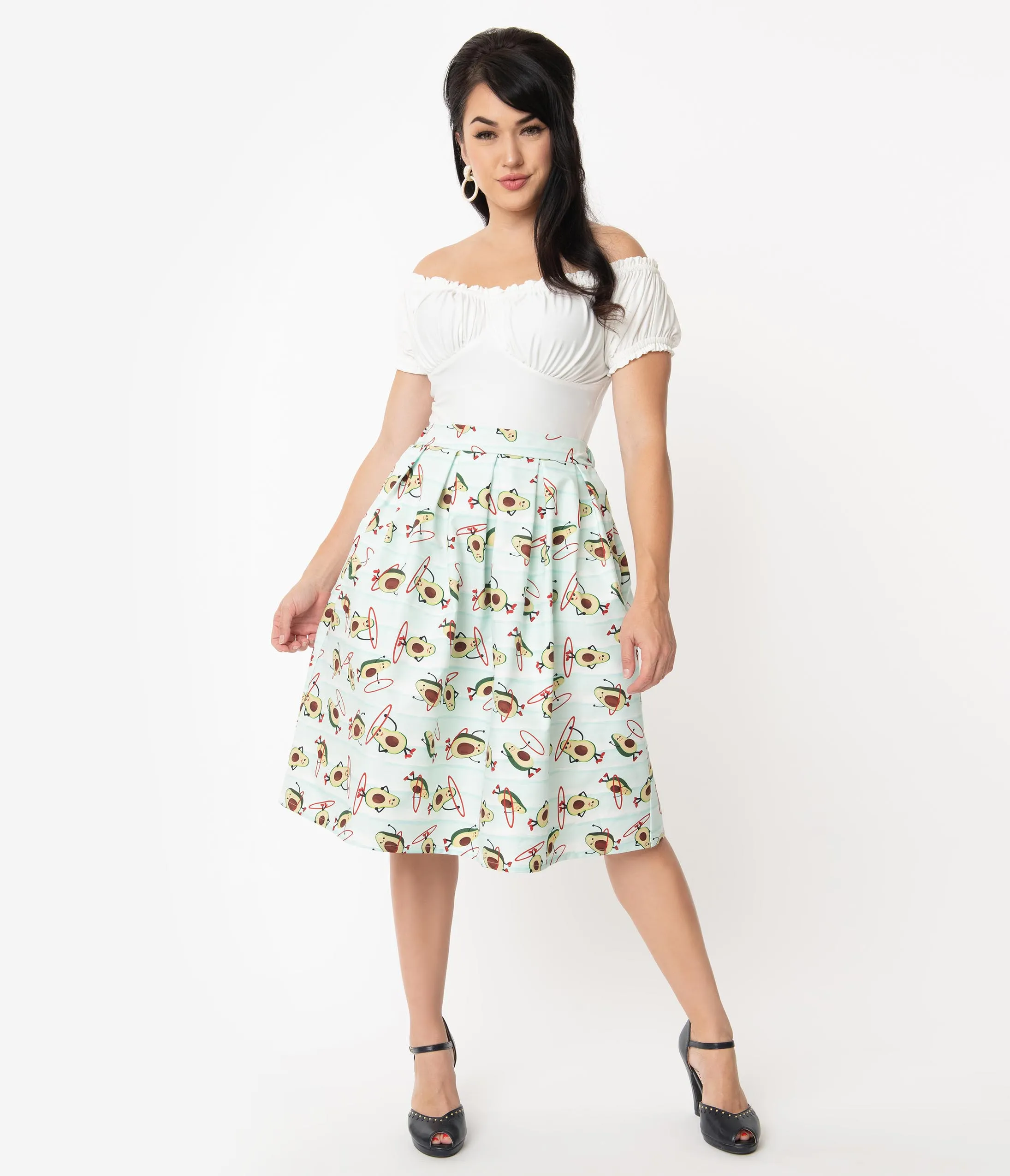 Unique Vintage Mint Avocado Print Pleated Jayne Swing Skirt