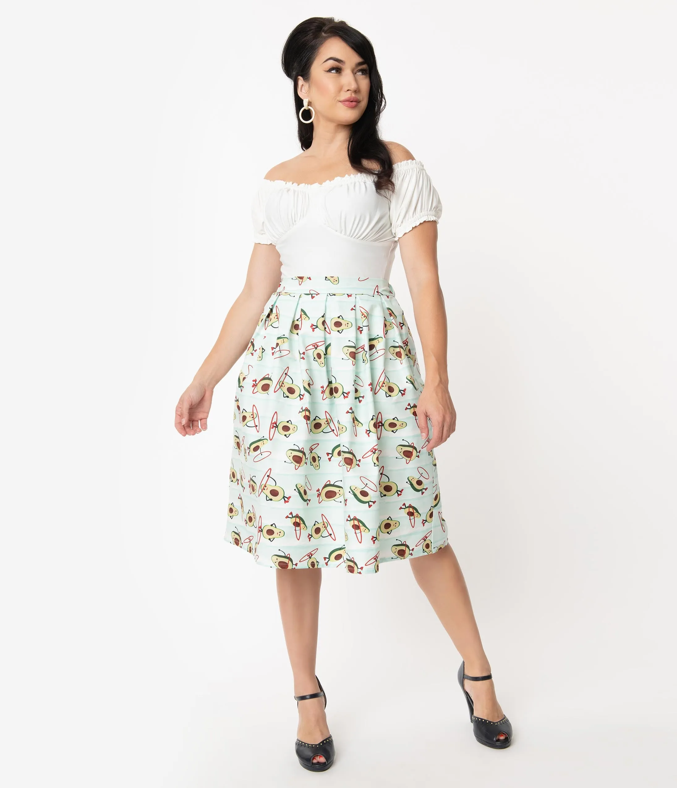 Unique Vintage Mint Avocado Print Pleated Jayne Swing Skirt