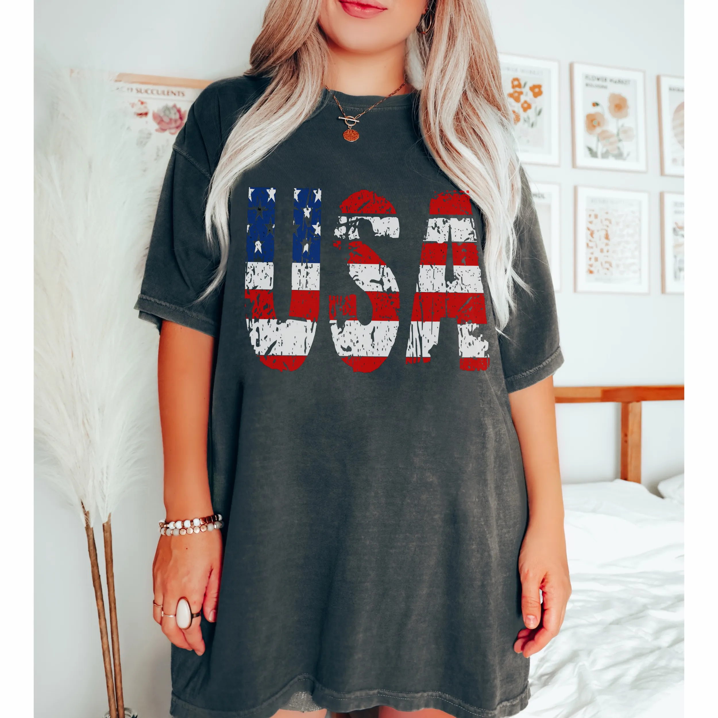 USA July 4th Comfort Colors® T-Shirt, T-Shirt Dress, Distressed Fourth of July Design, Oversized Print Summer T-Shirt