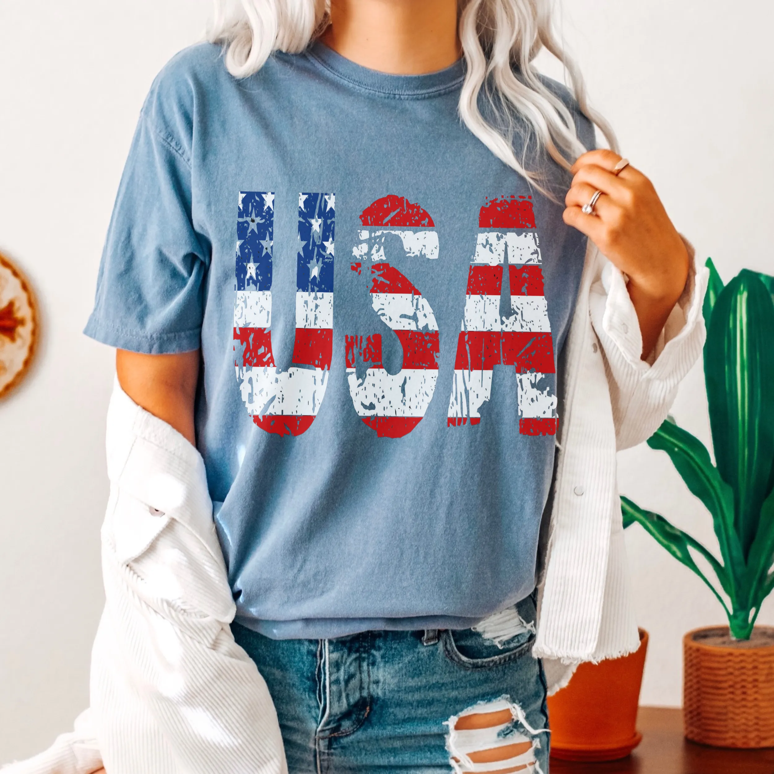 USA July 4th Comfort Colors® T-Shirt, T-Shirt Dress, Distressed Fourth of July Design, Oversized Print Summer T-Shirt